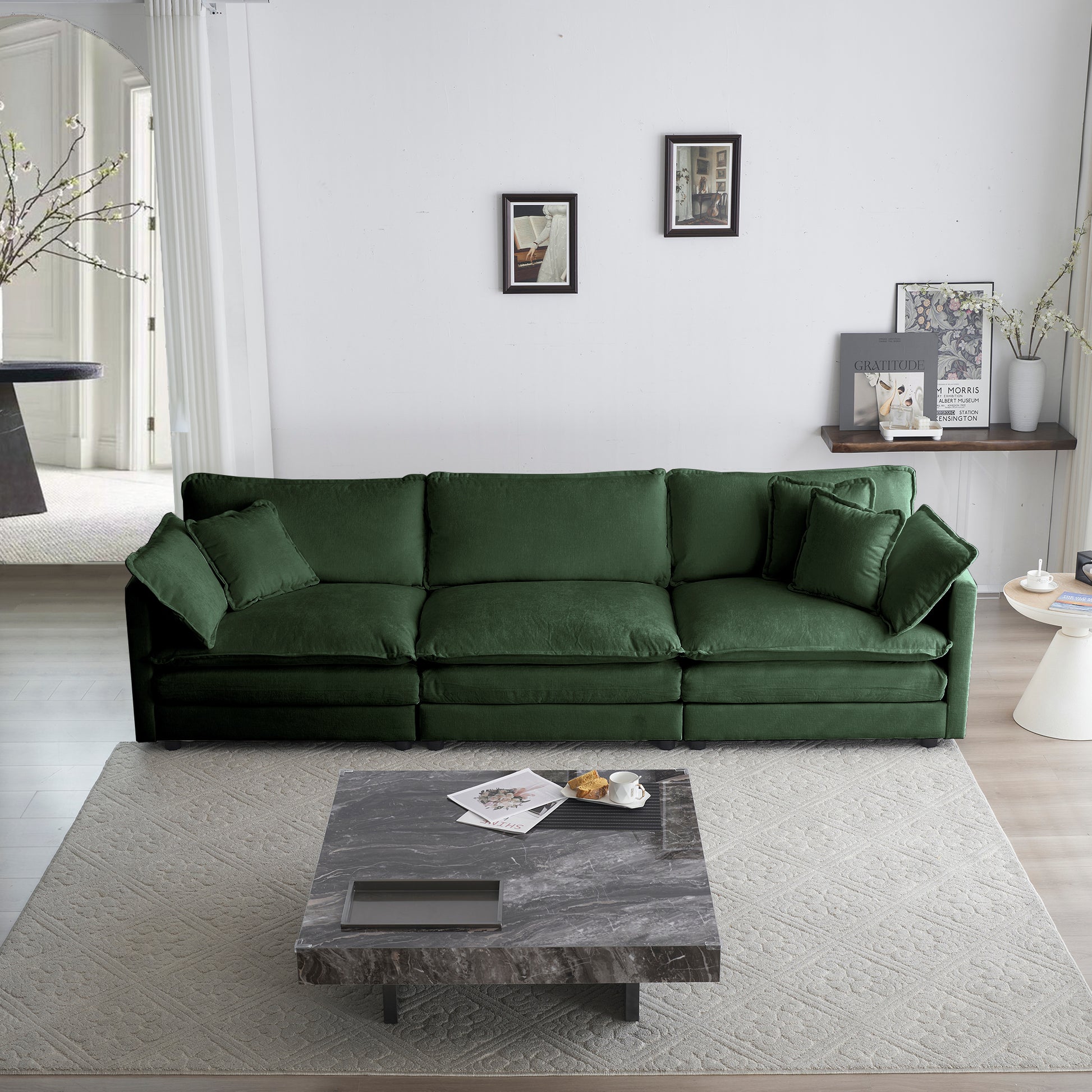 Comfortable Deep Seat Reversible Modular 6 Seater Sectional Super Soft Sofa U Shaped Sectional Couch With 3 Ottomans, 3 Toss Pillows And 2 Arm Pillows Green Chenille 3 Seat