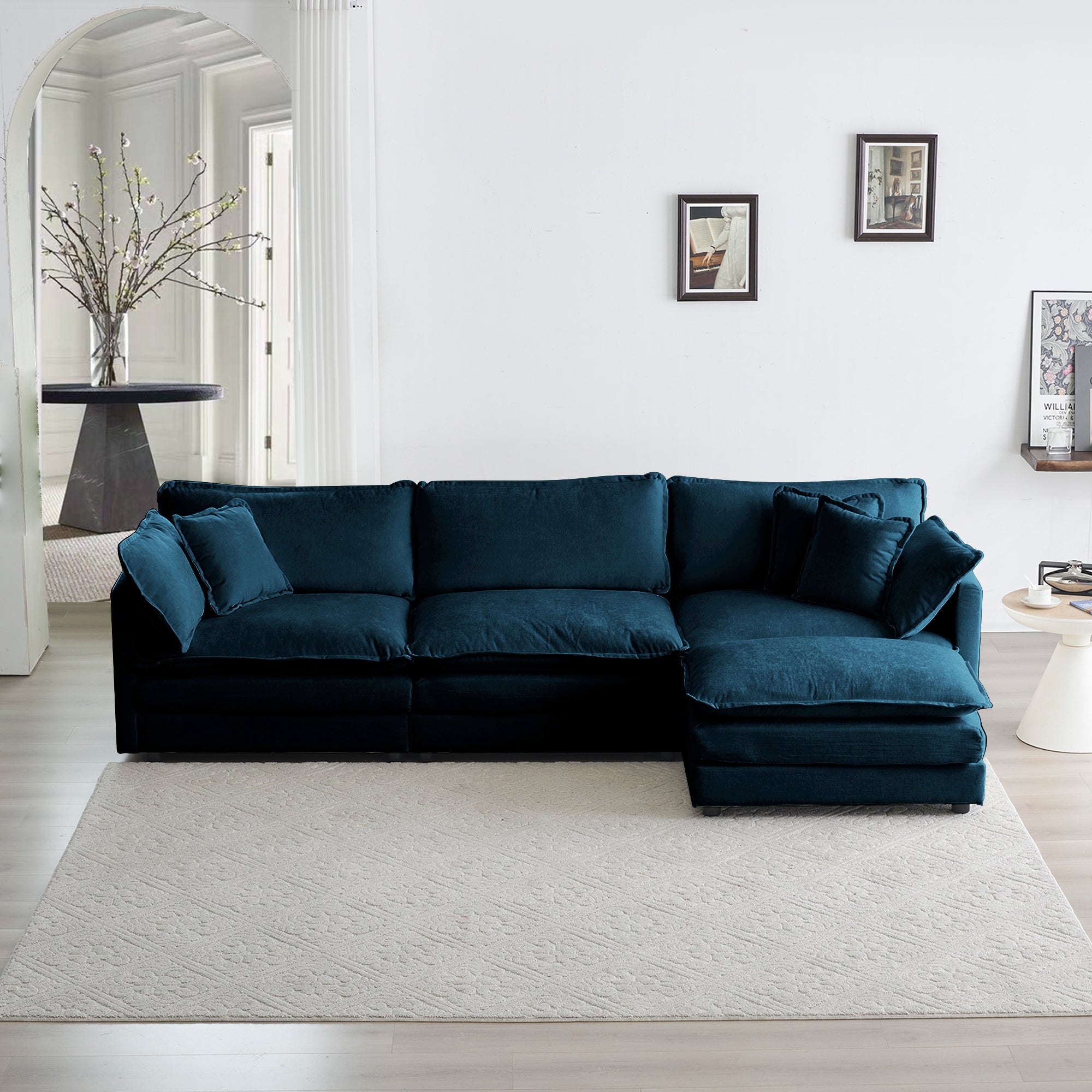 Free Combination Comfy Upholstery Modular Oversized L Shaped Sectional Sofa With Reversible Ottoman, Blue Chenille Blue Chenille 3 Seat