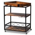 32.6'' Tall Industrial Style Rolling Kitchen Island Wine Cart With Black Finished, Fir Wood Mobile Metal Wine Bar Cart With Glass Rack, Oak Brown Dark Oak Brown Dining Room Industrial Rectangular Kitchen Carts Fir Solid Wood Small Less Than 40In