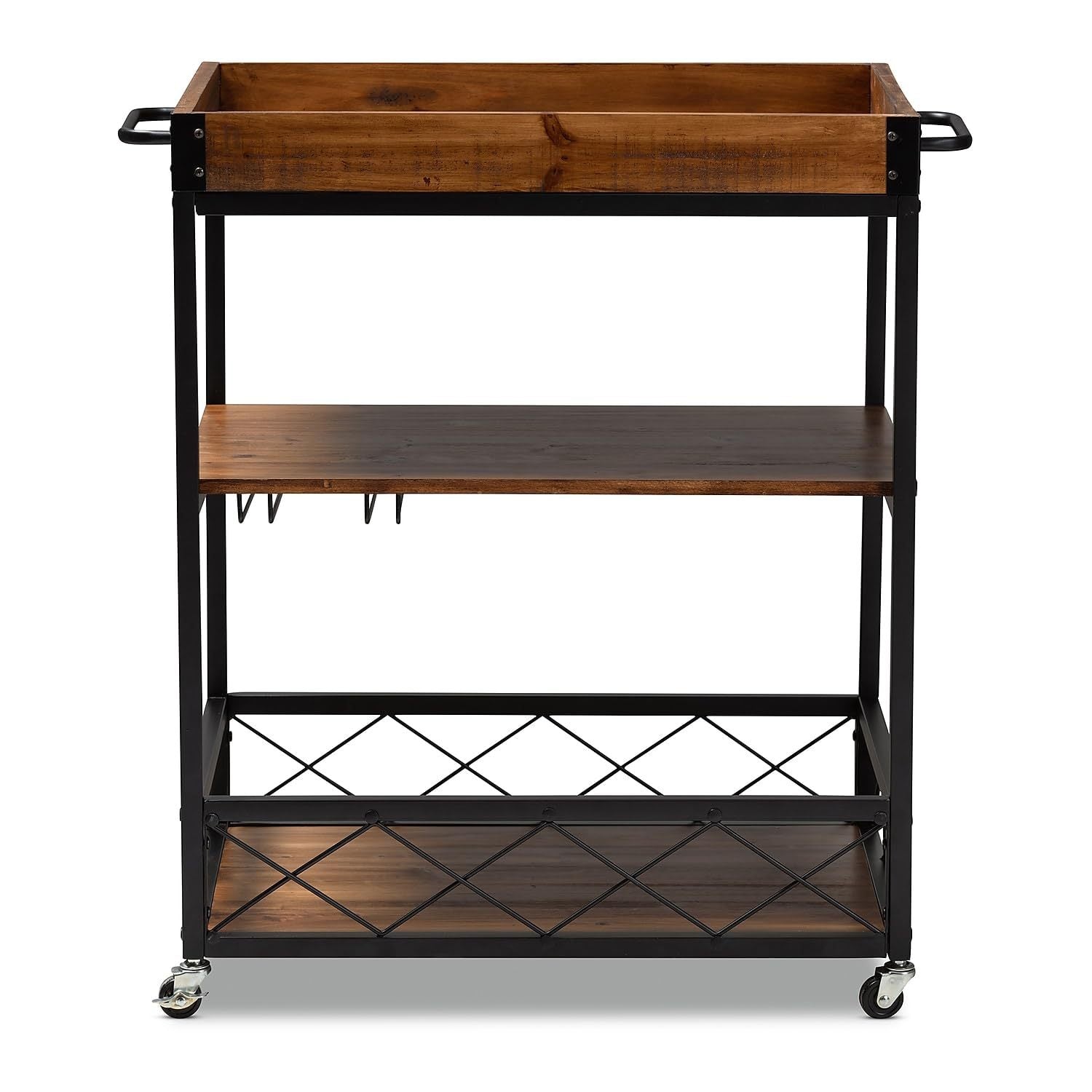 32.6'' Tall Industrial Style Rolling Kitchen Island Wine Cart With Black Finished, Fir Wood Mobile Metal Wine Bar Cart With Glass Rack, Oak Brown Dark Oak Brown Dining Room Industrial Rectangular Kitchen Carts Fir Solid Wood Small Less Than 40In