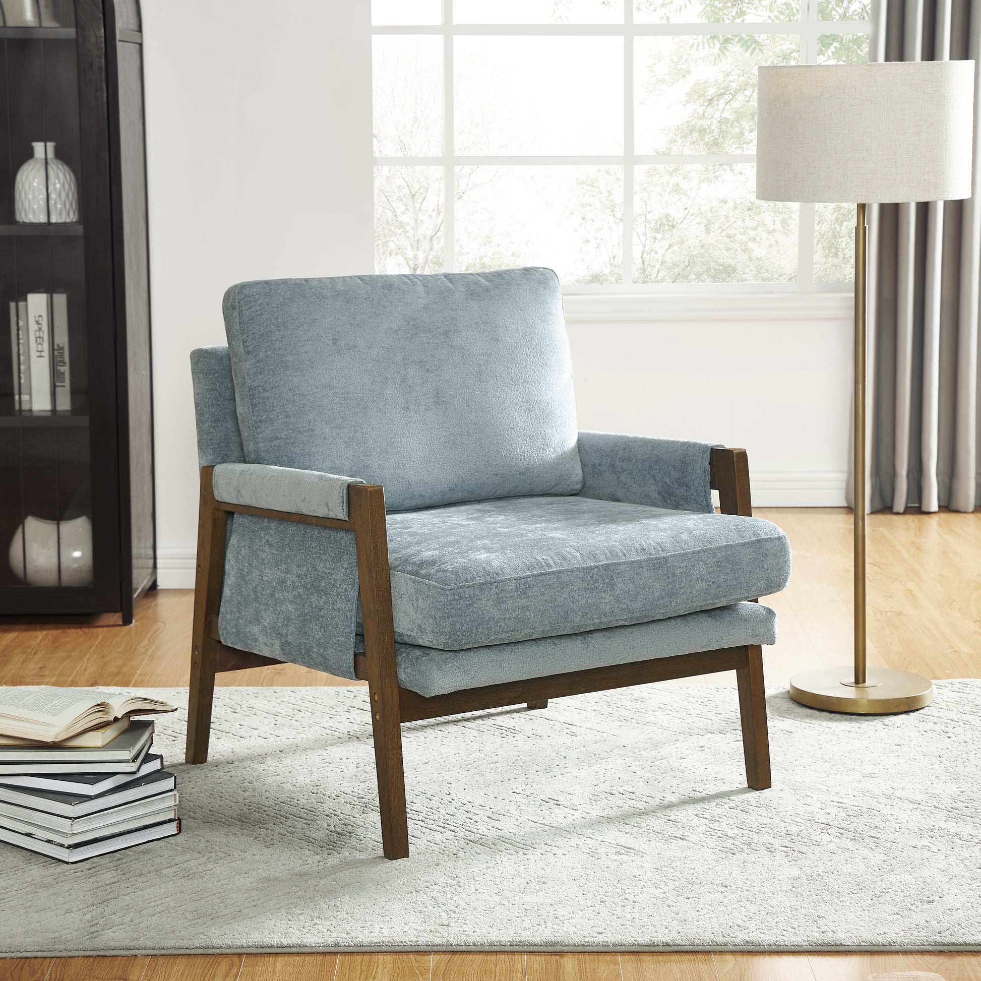 Kelly Mid Century Modern Velvet Accent Armchair, Blue Blue Espresso Primary Living Space Mid Century Modern Rubberwood Rubberwood Velvet