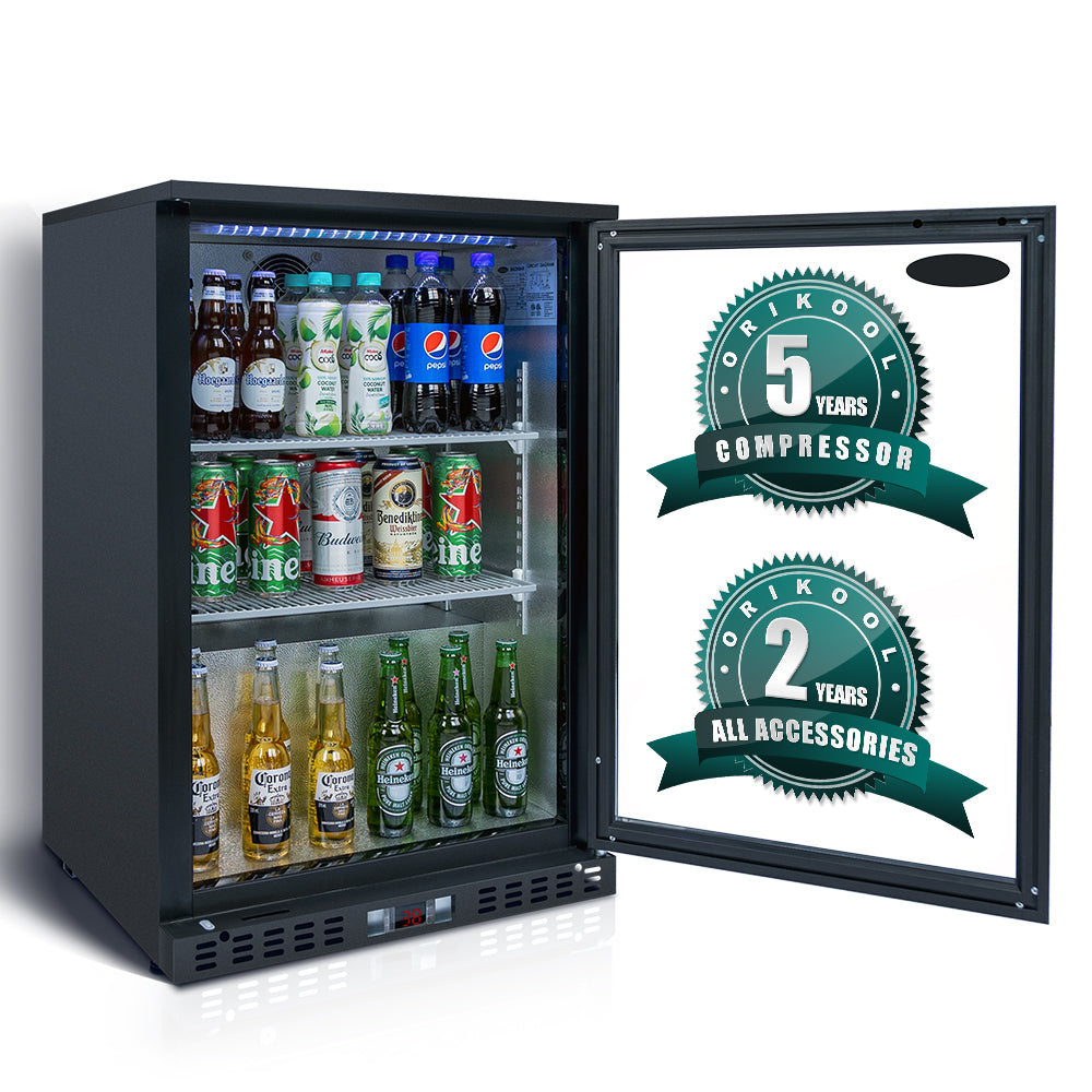 Orikool 24 Inch Beverage Refrigerator Cooler, 160 Cans Mini Fridge Glass Door, Beer Wine And Drink Fridge 4.9 Cu.Ft Black Aluminium