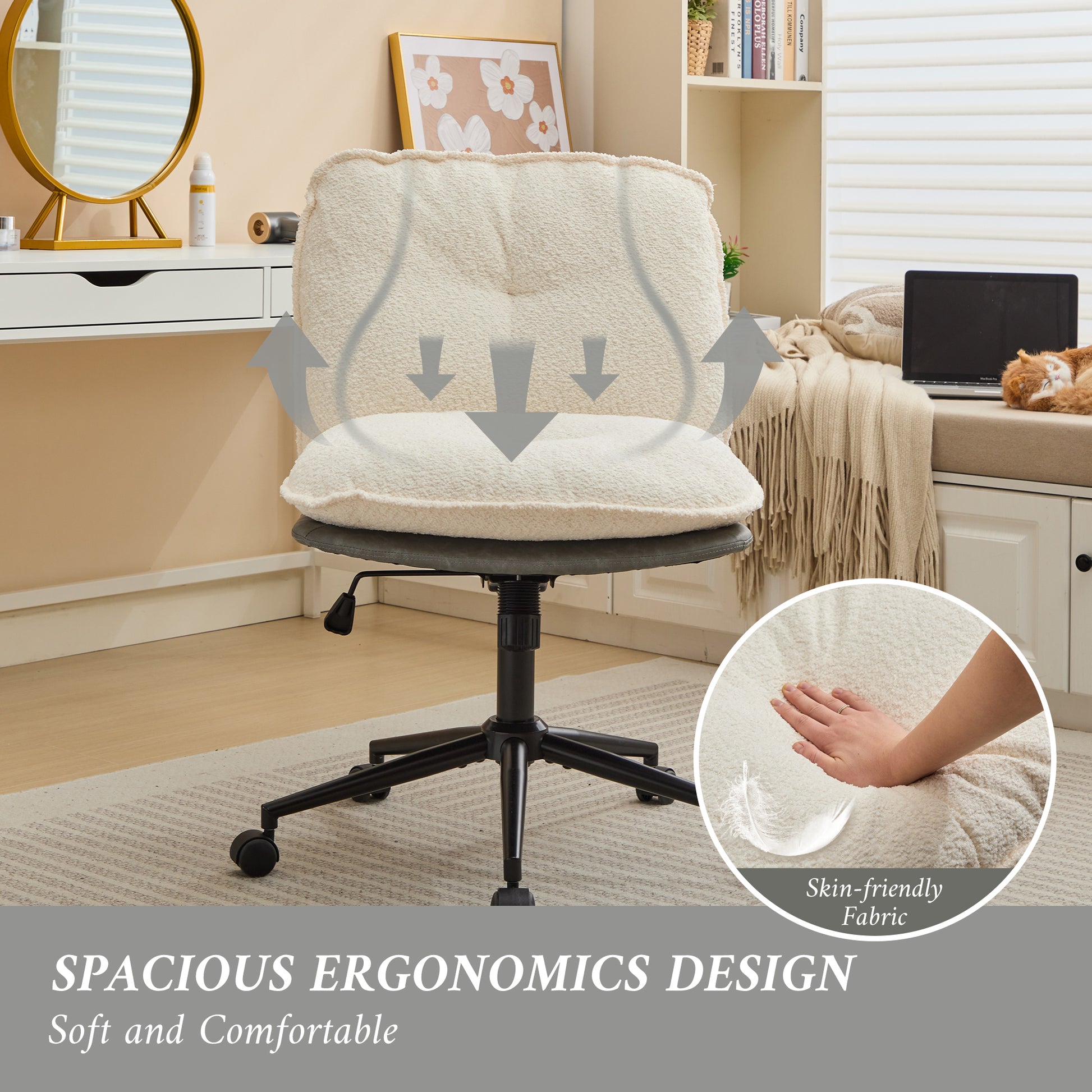Oversize Seat Cirss Cross Chair With Wheels, Elegant Design Computer Chair, Adjustable Height 360 Rolling Swivel Home Office Chair For Small Space, Dressing Room, Living Room Gray White Dark Gray White Primary Living Space Casual Foam Pu Leather