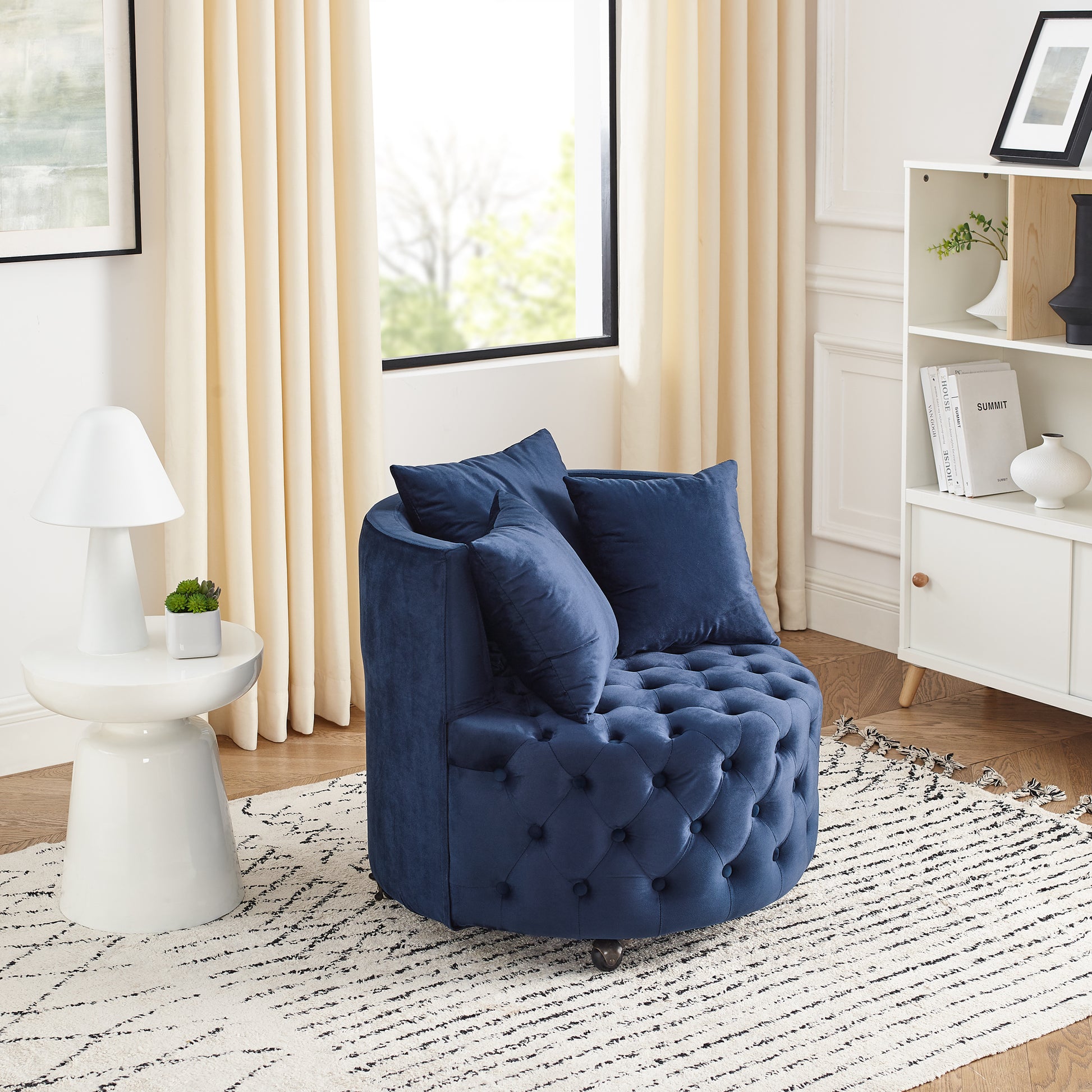 Velvet Upholstered Swivel Chair For Living Room, With Button Tufted Design And Movable Wheels, Including 3 Pillows, Blue Blue Foam