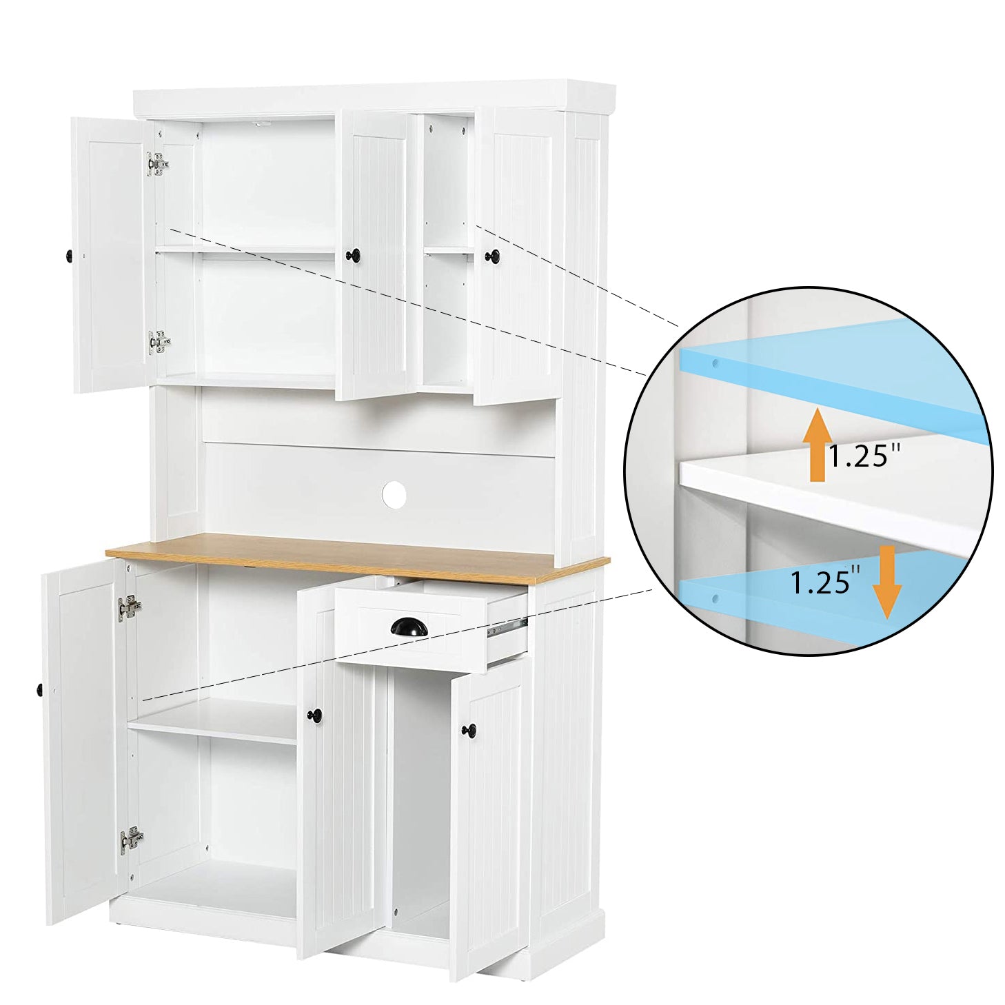 71" Kitchen Pantry Storage Cabinet With Microwave Oven Countertop, Freestanding Hutch Cabinet With Adjustable Shelves, 6 Doors And 1 Drawer White White Mdf