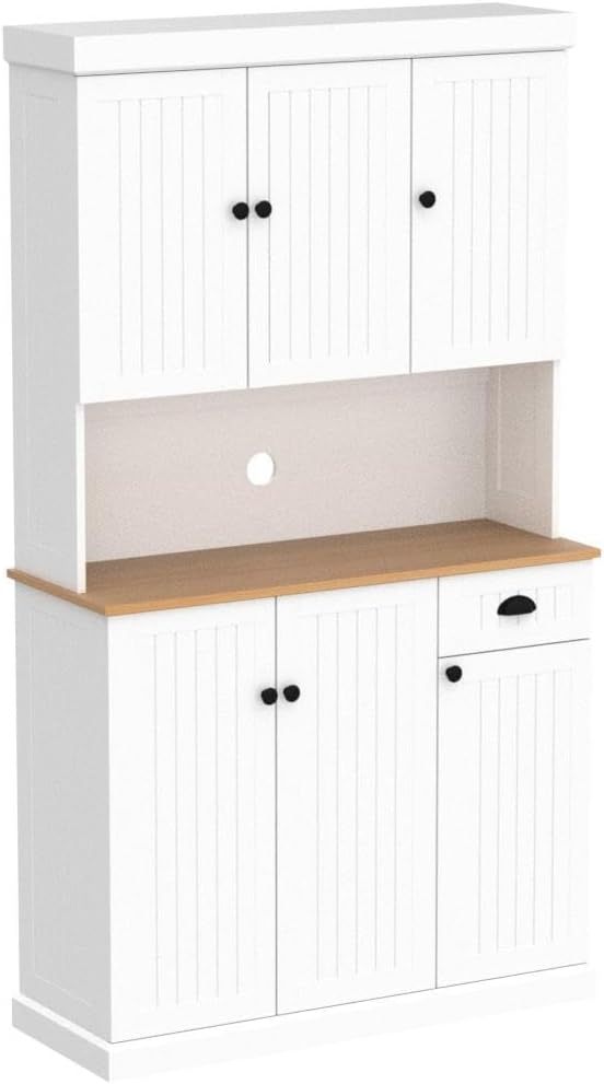 71" Kitchen Pantry Storage Cabinet With Microwave Oven Countertop, Freestanding Hutch Cabinet With Adjustable Shelves, 6 Doors And 1 Drawer White White Mdf