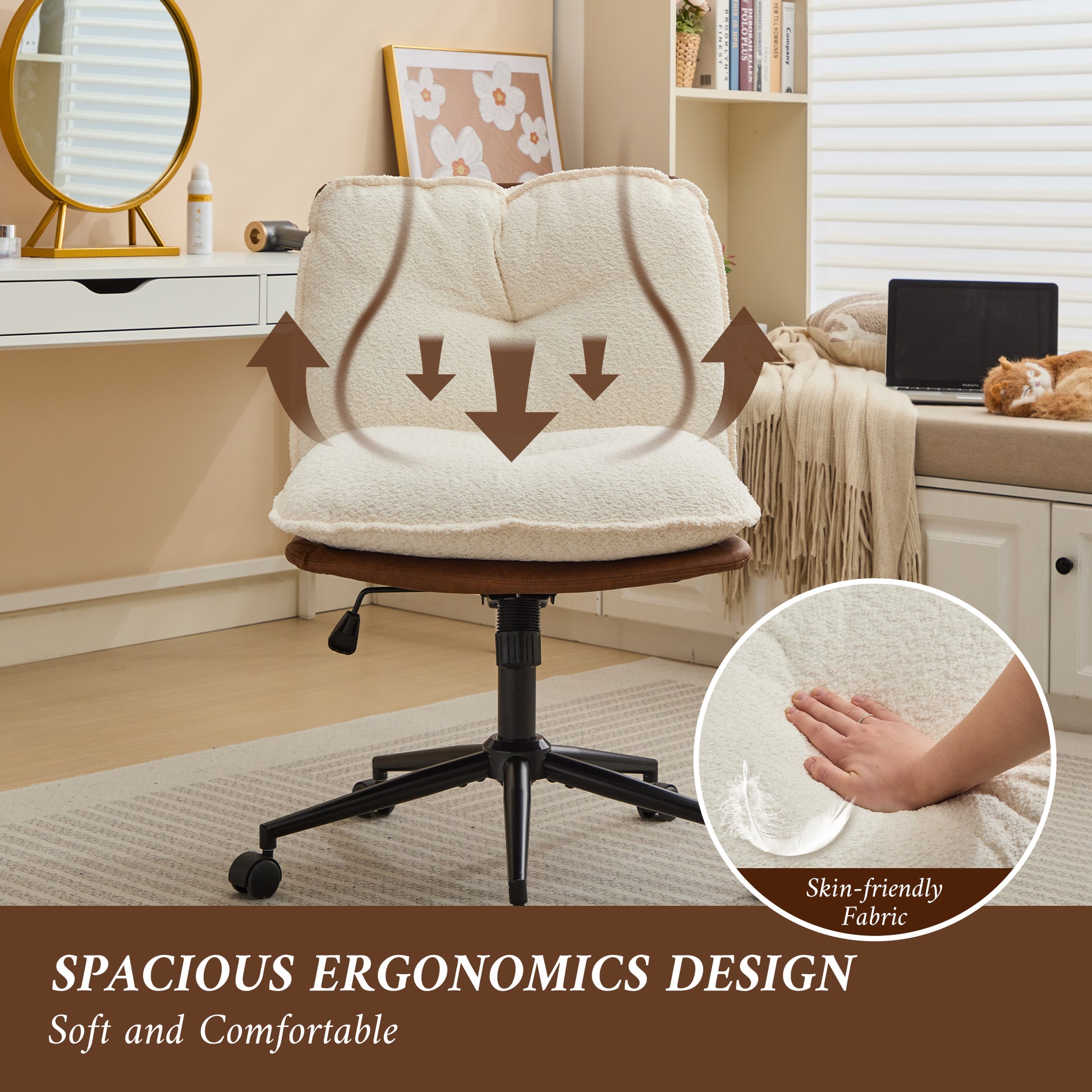 Oversize Seat Cirss Cross Chair With Wheels, Elegant Design Computer Chair, Adjustable Height 360 Rolling Swivel Home Office Chair For Small Space, Dressing Room, Living Room Brown White Dark Brown White Primary Living Space Casual Foam Pu Leather
