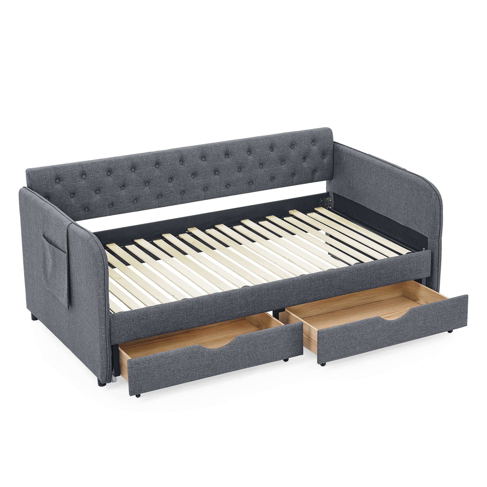 Twin Size Upholstery Daybed With Trundle Bed And Two Storage Drawersflat Arms With Pocket, Extendable Daybed For Bedroom Living Room,Linen Dark Gray Twin Dark Gray Linen