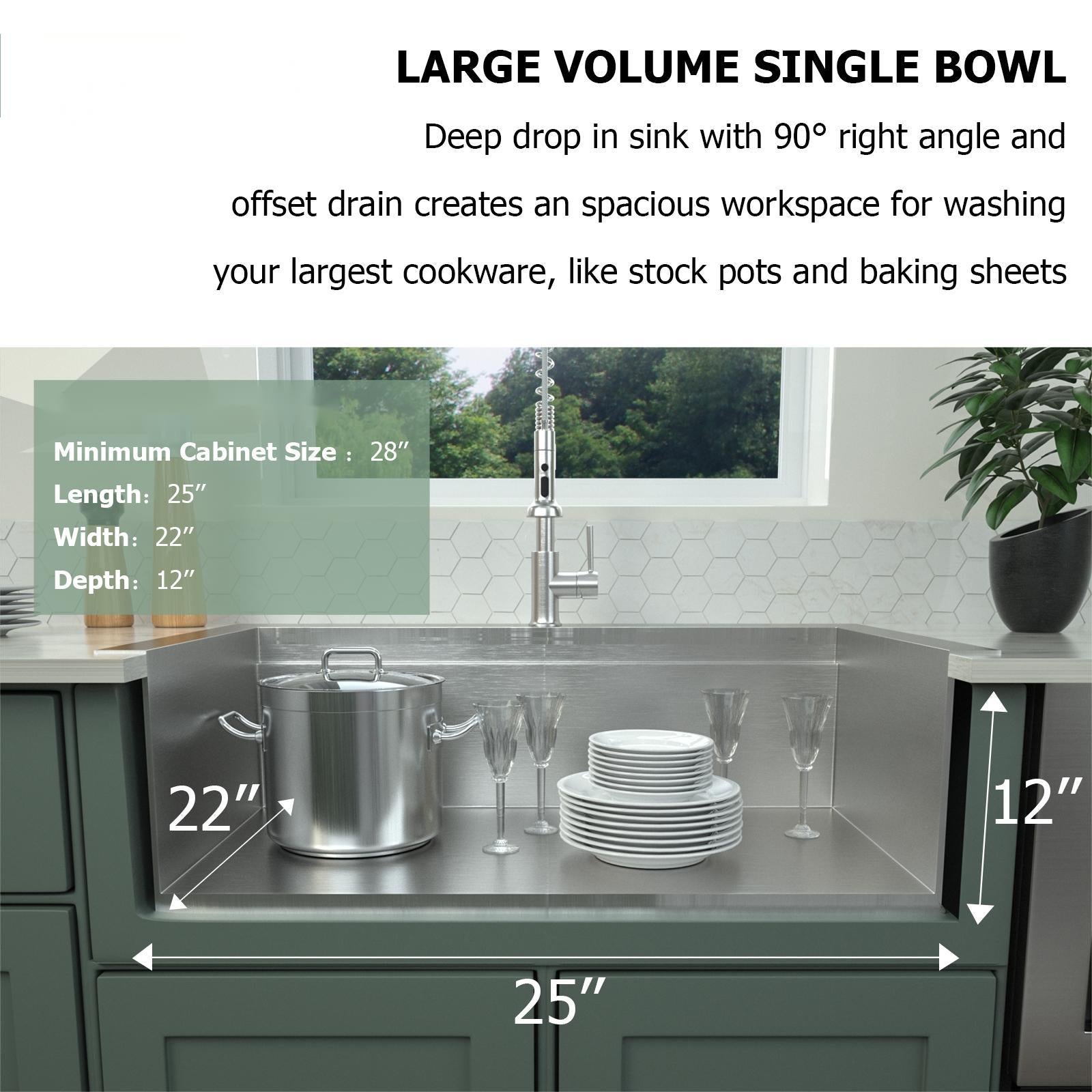 25"X22"X12" Stainless Steel Laundry Utility Sink Drop In Topmount Deep Single Bowl Kitchen Sink Basin Brushed Nickel Stainless Steel