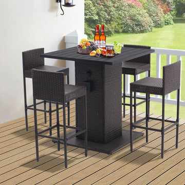 5 Piece Outdoor Conversation Bar Set,All Weather Pe Rattan And Steel Frame Patio Furniture With Metal Tabletop And Stools For Patios, Backyards, Porches, Gardens, Poolside Coffee No Coffee Rattan Metal