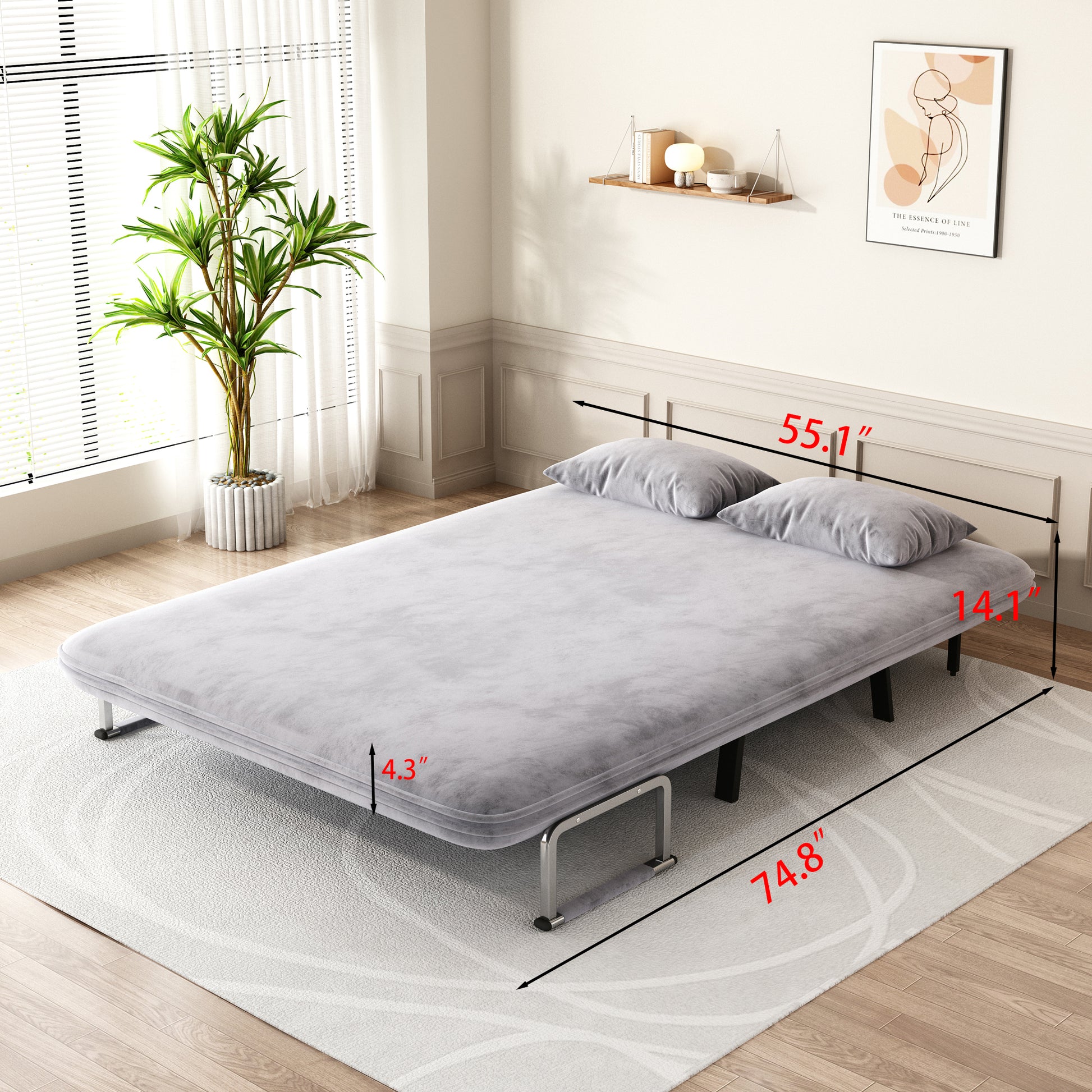 Velvet Light Gray 55 Convertible Chair Bed, Tri Fold Sofa Bed With Adjustable Backrest & Pillow, Leisure Chaise Lounge Couch With Sturdy Steel Frame For Home & Office, Comfortable Sleeper Chair Light Gray Velvet Metal Primary Living Space Medium Firm