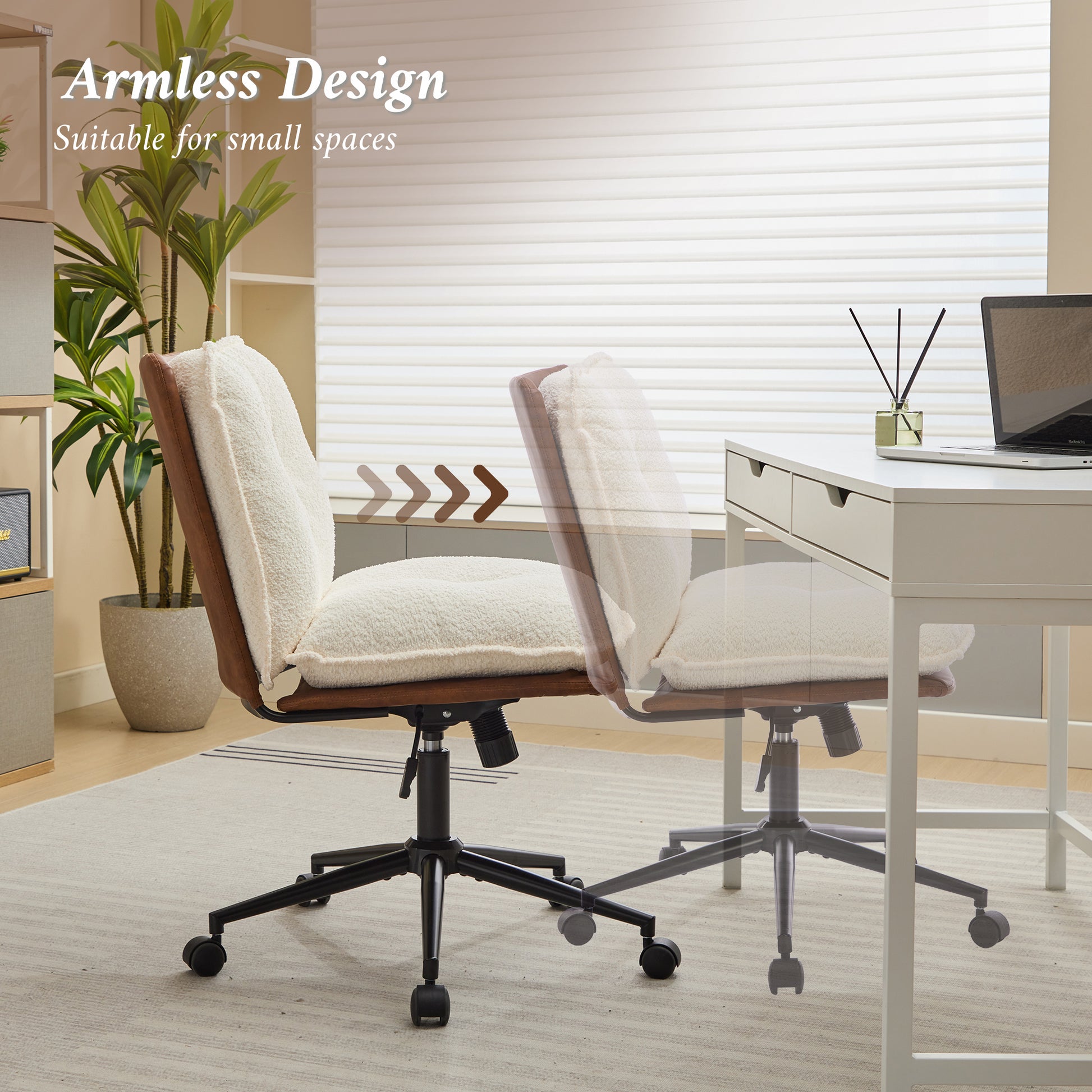 Oversize Seat Cirss Cross Chair With Wheels, Elegant Design Computer Chair, Adjustable Height 360 Rolling Swivel Home Office Chair For Small Space, Dressing Room, Living Room Brown White Dark Brown White Primary Living Space Casual Foam Pu Leather