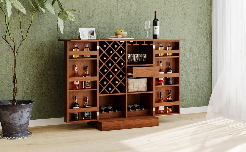 41.9" Home Bar Cabinet, Industrial Walnut Rattan Door Fold Out Bar Cabinet With Storage Bar Table Walnut Dining Room Modern Mdf