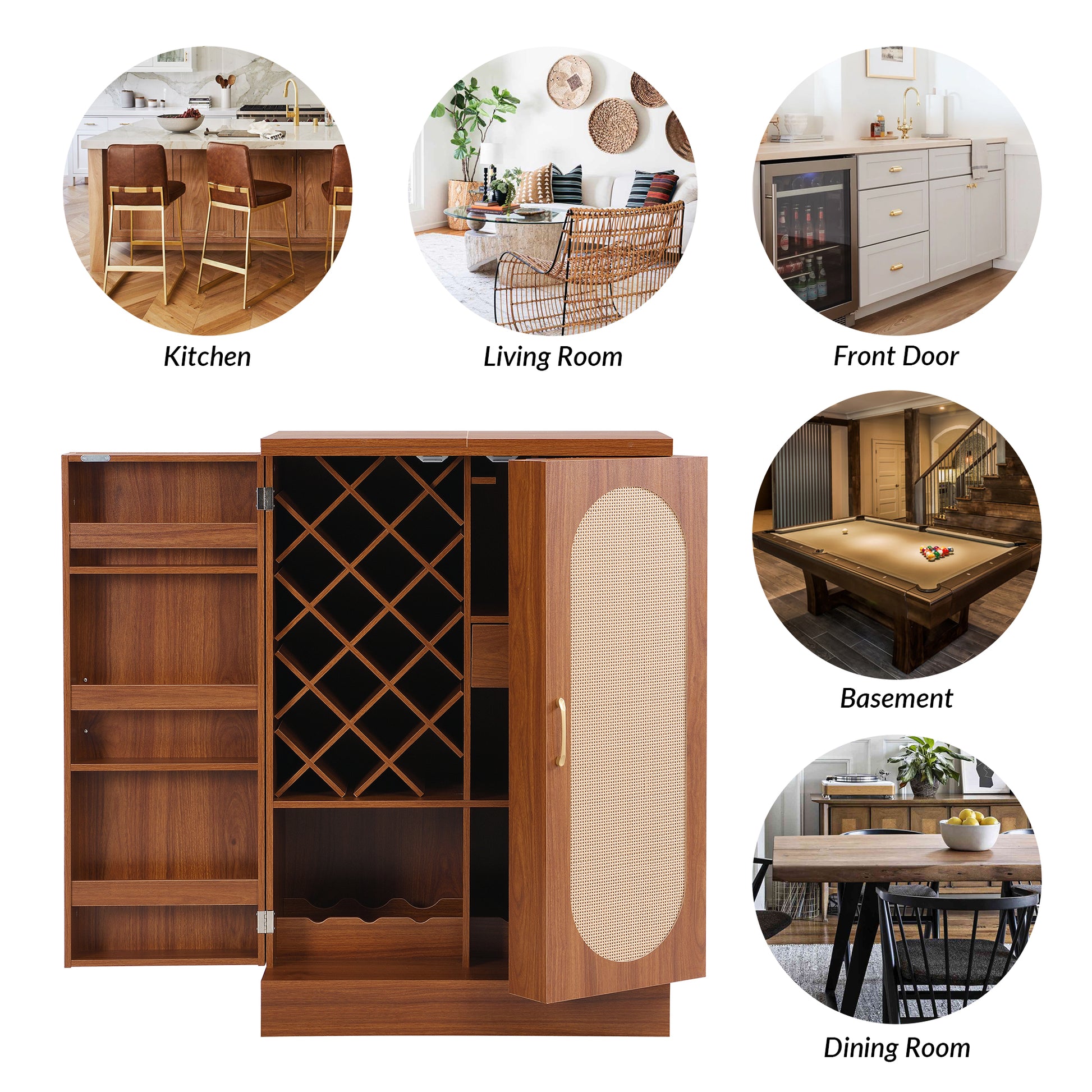41.9" Home Bar Cabinet, Industrial Walnut Rattan Door Fold Out Bar Cabinet With Storage Bar Table Walnut Dining Room Modern Mdf