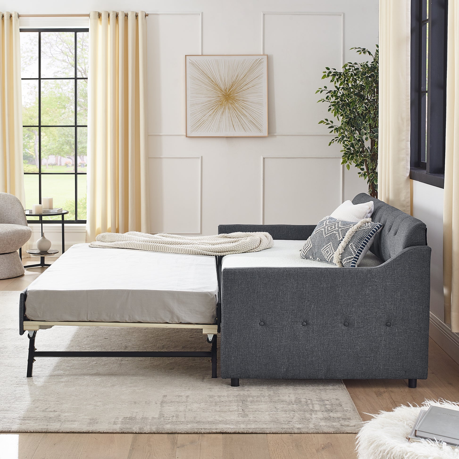 Twin Size Upholstery Daybed With Twin Size Erectable Trundle And Usb Charging Design, Linen Dark Gray Twin Dark Gray Linen
