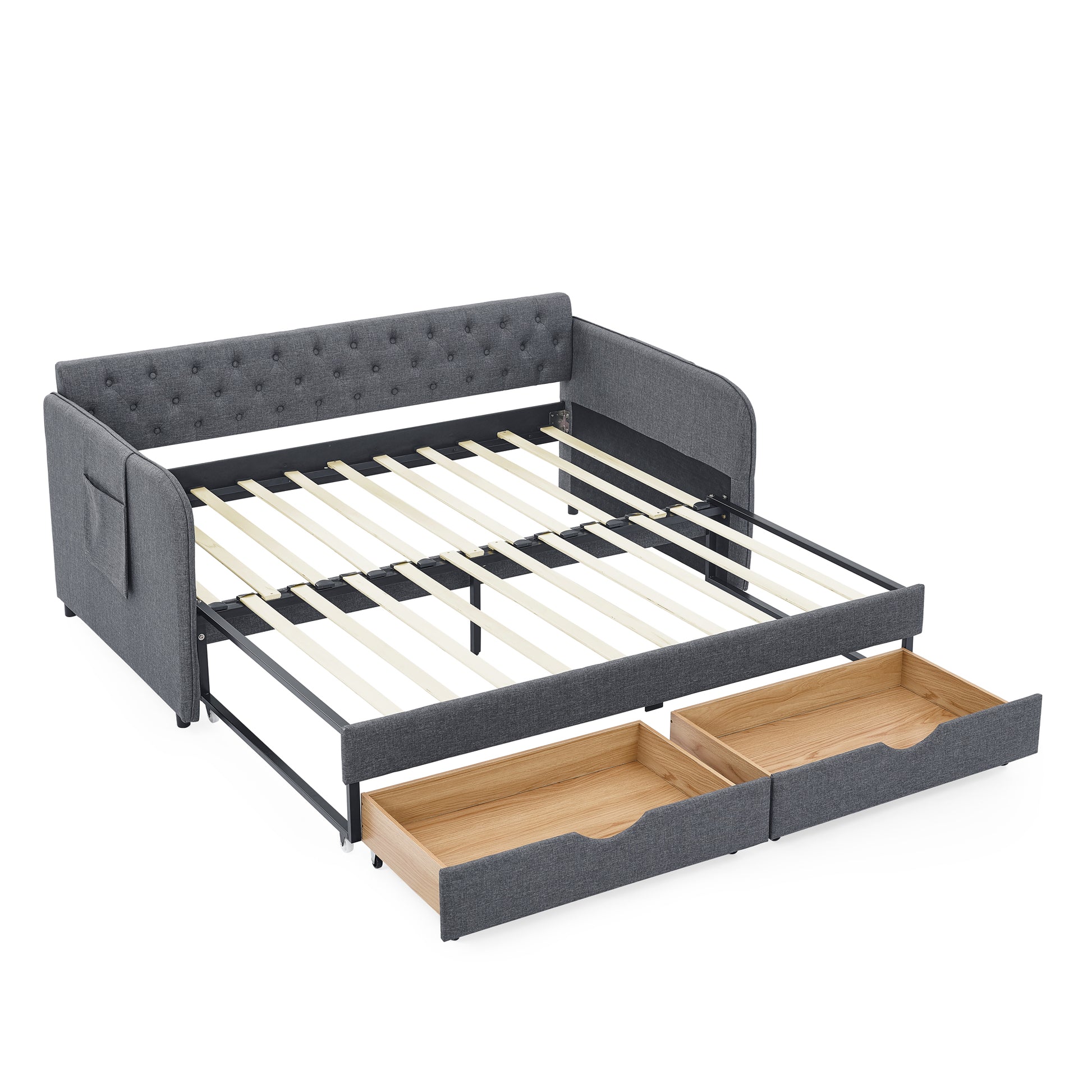 Twin Size Upholstery Daybed With Trundle Bed And Two Storage Drawersflat Arms With Pocket, Extendable Daybed For Bedroom Living Room,Linen Dark Gray Twin Dark Gray Linen