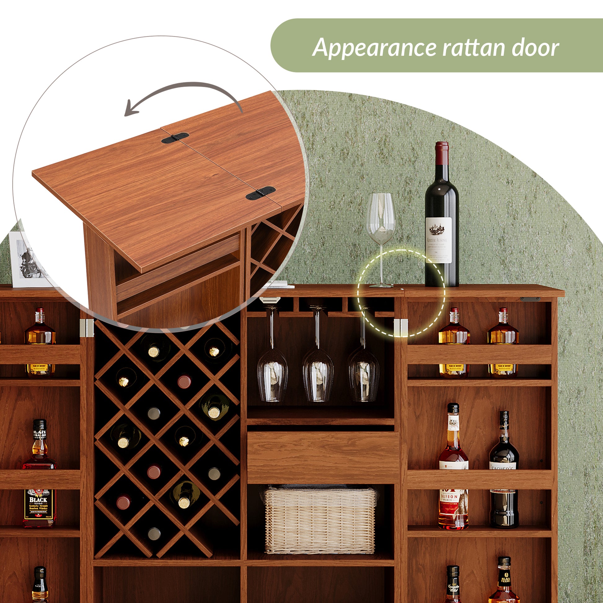 41.9" Home Bar Cabinet, Industrial Walnut Rattan Door Fold Out Bar Cabinet With Storage Bar Table Walnut Dining Room Modern Mdf