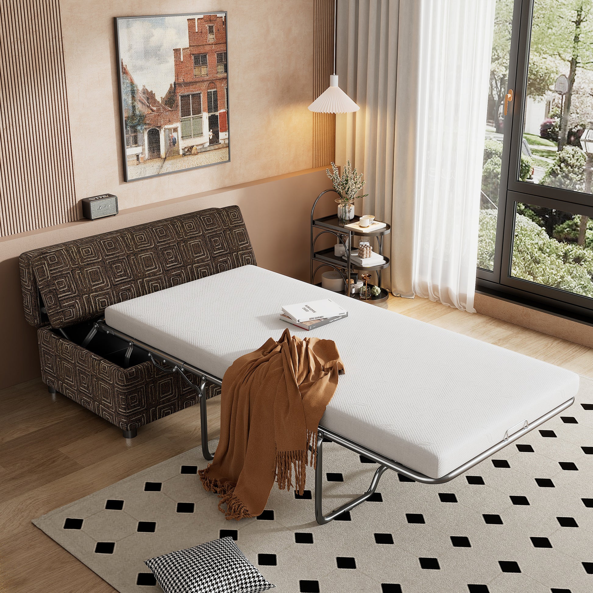 Twin Size Folding Ottoman Sleeper Bed With Mattress Convertible Guest Bed Espresso Espresso Foam Linen 1 Seat