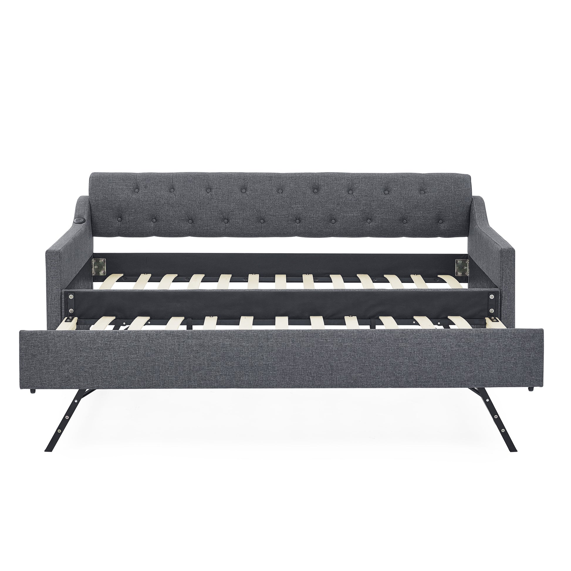 Twin Size Upholstery Daybed With Twin Size Erectable Trundle And Usb Charging Design, Linen Dark Gray Twin Dark Gray Linen