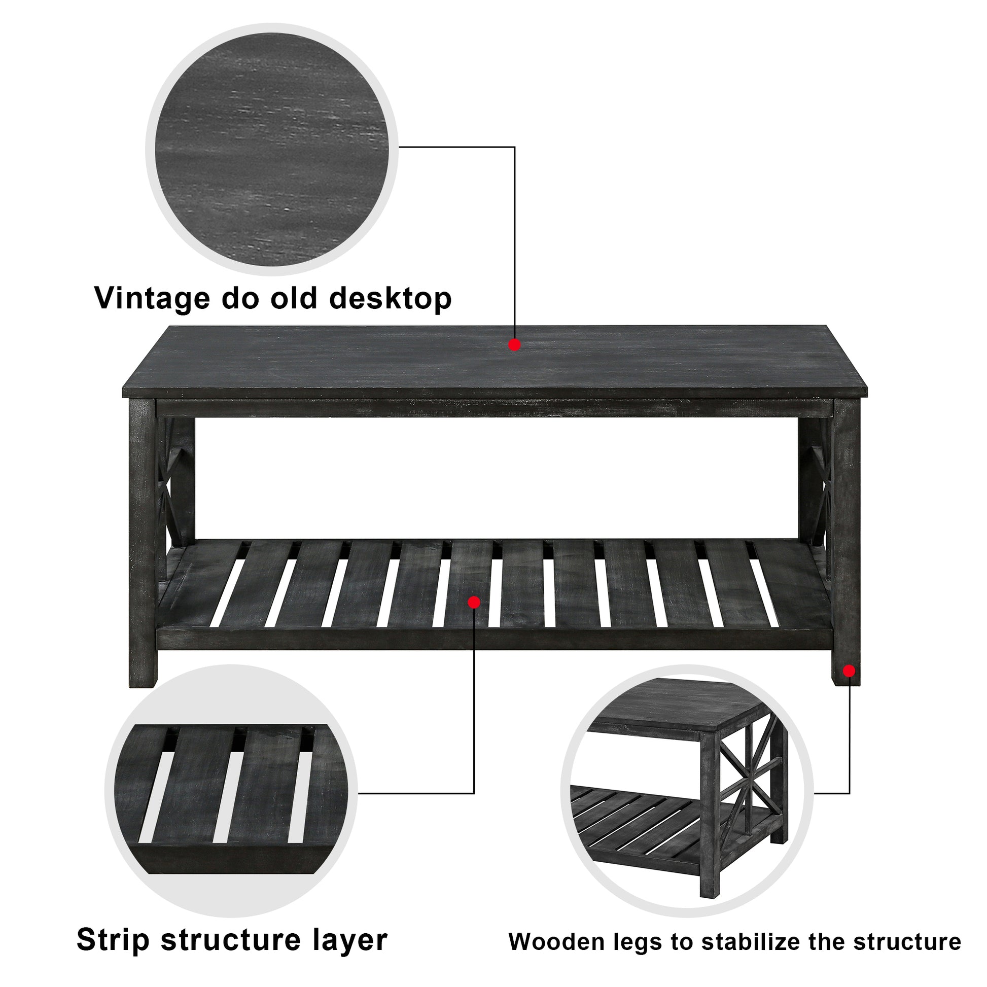 52''W Handcrafted Coffee Table In Front Of The Sofa Or Loveseat For Living Room Antique Black Color Antique Black Ergonomic Primary Living Space American Design Floor Mount Open Storage Coffee & End Tables Rectangular Solid Wood Mdf Mdf