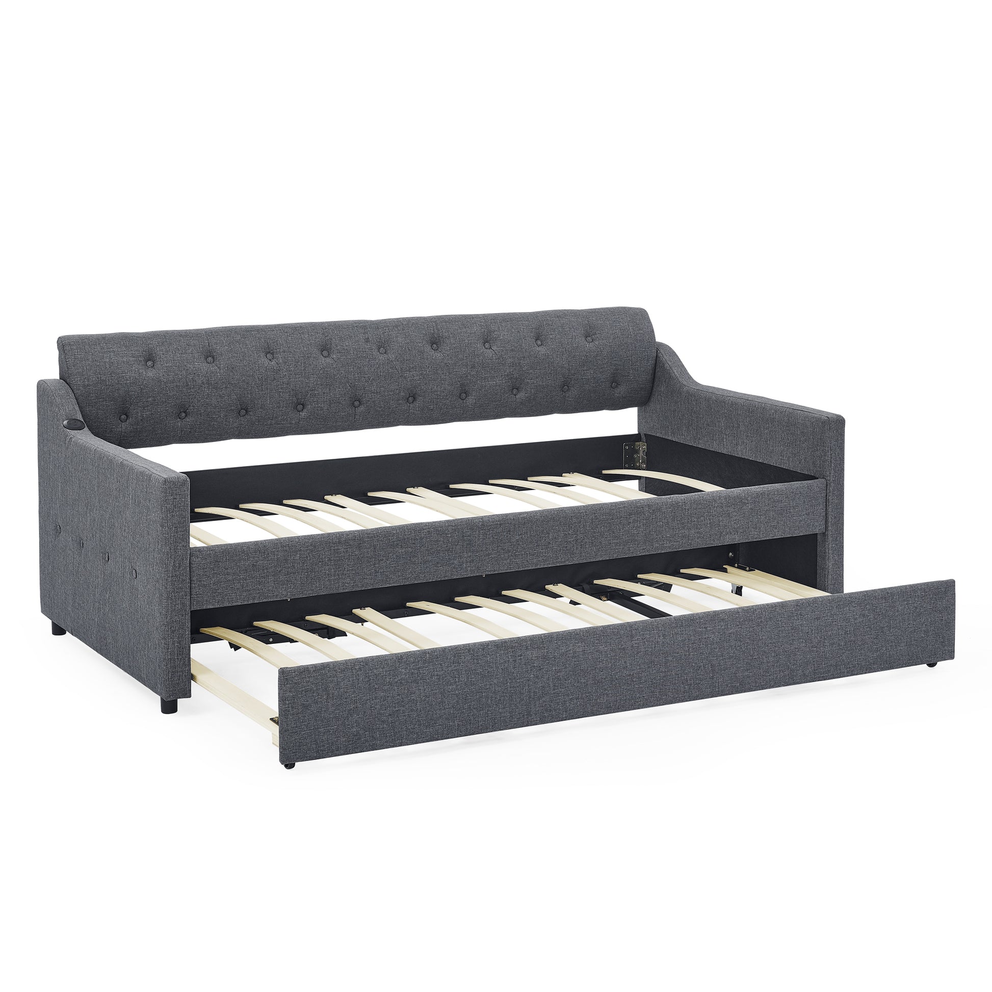 Twin Size Upholstery Daybed With Twin Size Erectable Trundle And Usb Charging Design, Linen Dark Gray Twin Dark Gray Linen