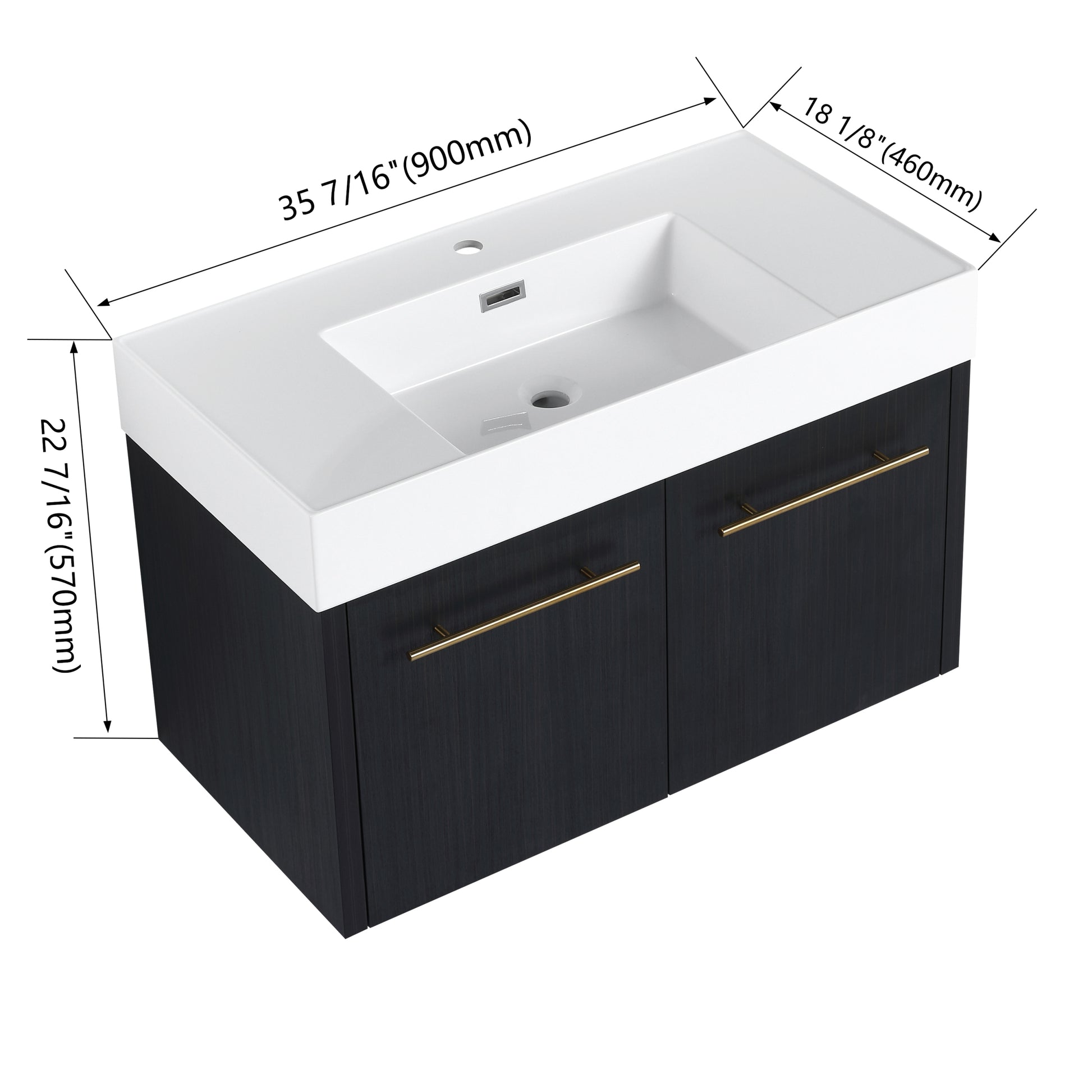 36 Inch Wall Mounted Bathroom Vanity With Sink, Thick Edged Resin Basin, Kd Package Black Chestnut 2 Bathroom Wall Mounted Modern Plywood