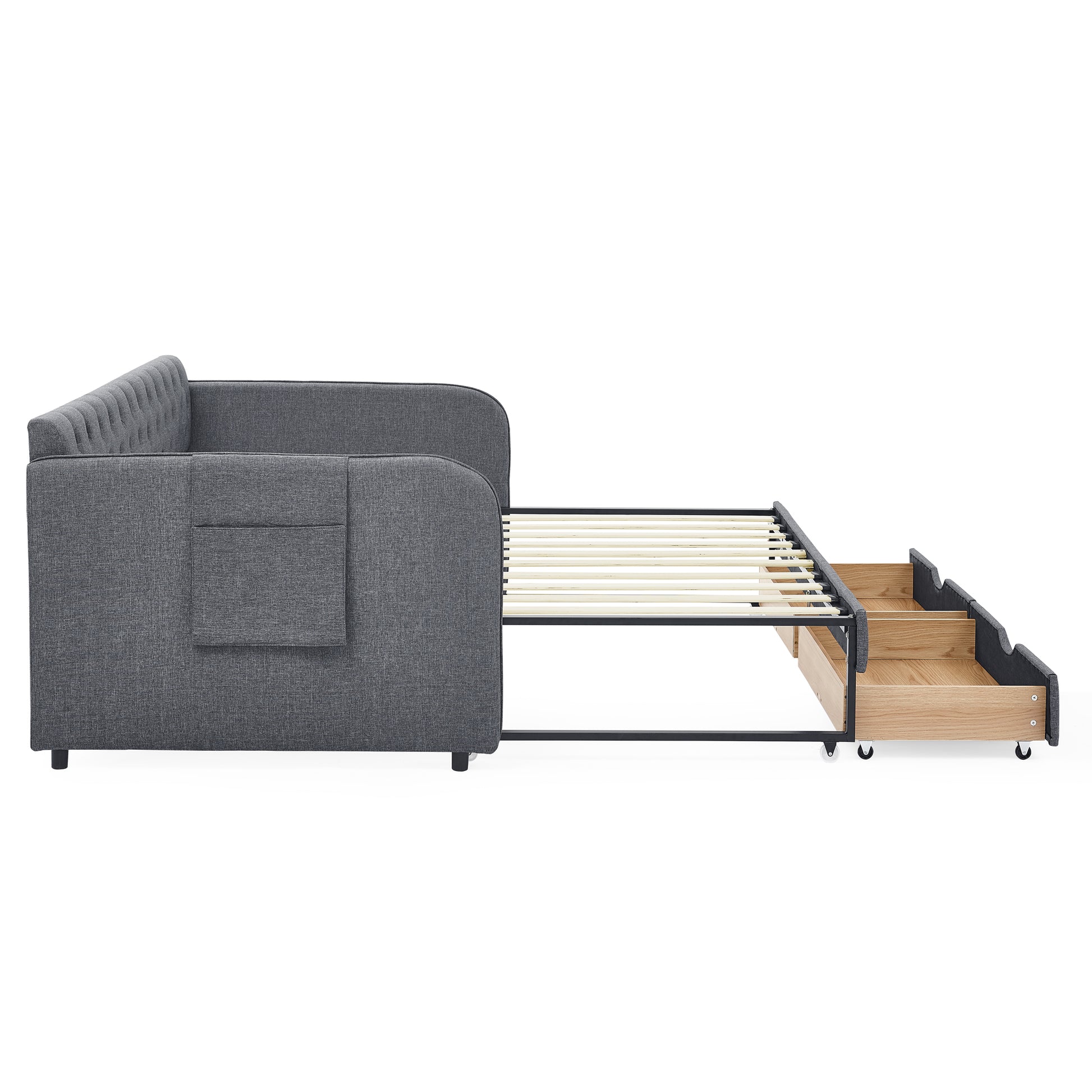 Twin Size Upholstery Daybed With Trundle Bed And Two Storage Drawersflat Arms With Pocket, Extendable Daybed For Bedroom Living Room,Linen Dark Gray Twin Dark Gray Linen