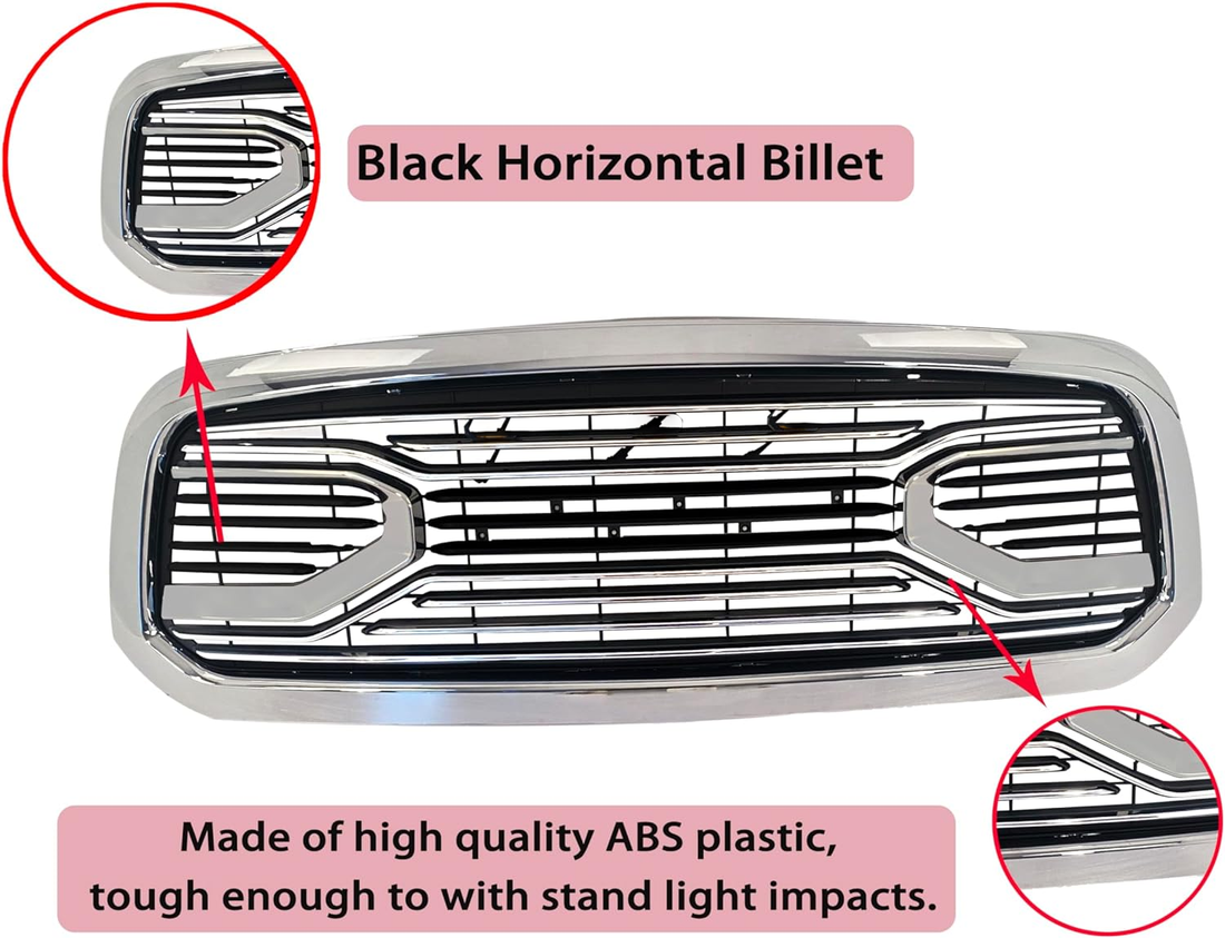 Chrome Big Horn Style Front Grille For 2013 2014 2015 2016 2017 2018 Dodge Ram 1500 Matt Black Abs Abs