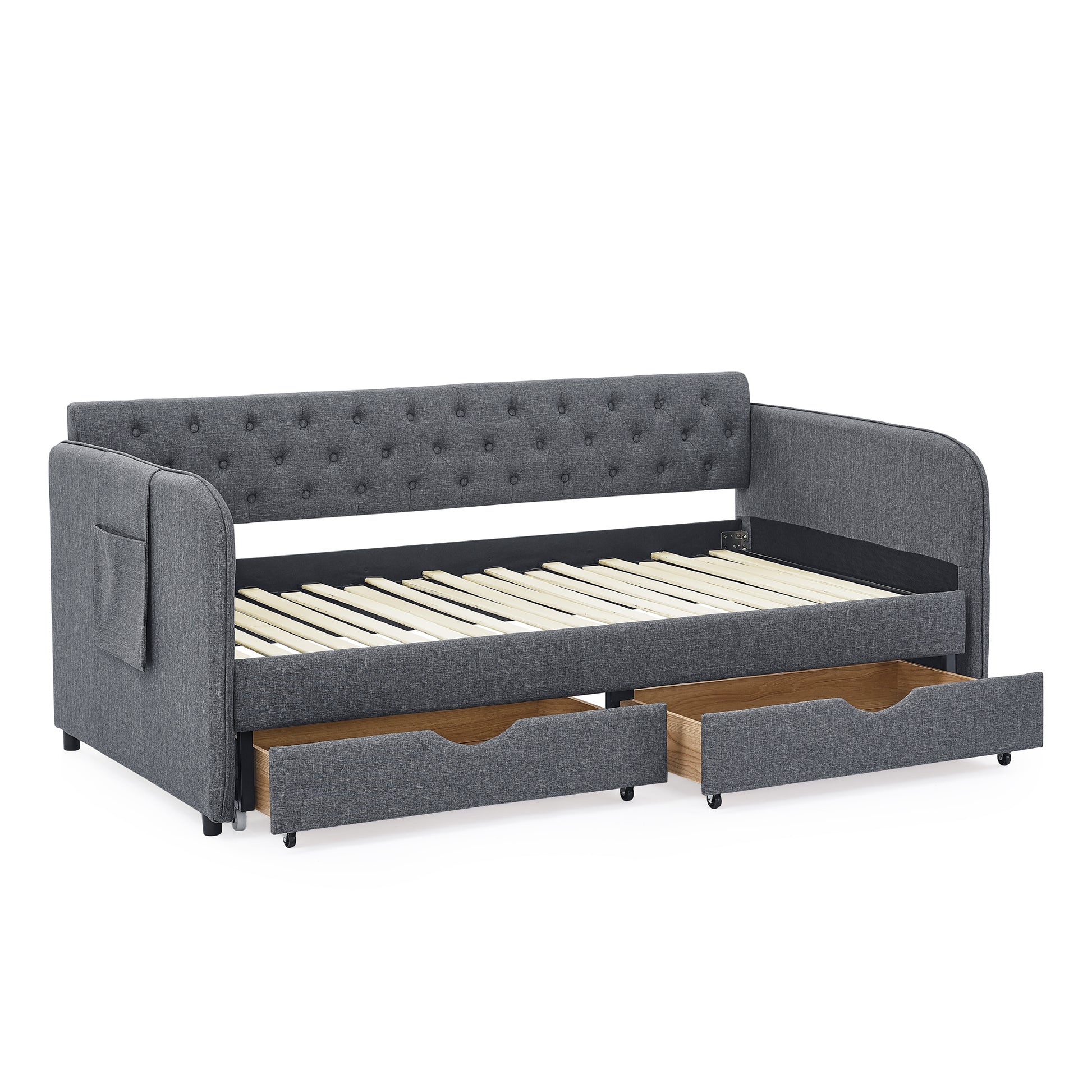 Twin Size Upholstery Daybed With Trundle Bed And Two Storage Drawersflat Arms With Pocket, Extendable Daybed For Bedroom Living Room,Linen Dark Gray Twin Dark Gray Linen