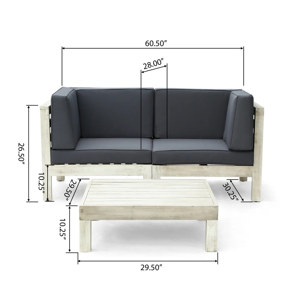 Brava X Back 2 Seater Sectional Seat With Coffee Table. Light Grey Dark Grey Seats 2 Acacia Wood