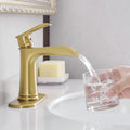 Sink Faucet With Deck Plate Waterfall Nickel Gold With Pop Up Drain And Supply Lines Bathroom Faucets For Sink 1 Hole One Handle Faucets Vanity Bath Mixer Tap Bathroom Joystick Geometric One Brushed Gold Side Sprayer Deck Mounted Cartridge Valve Single