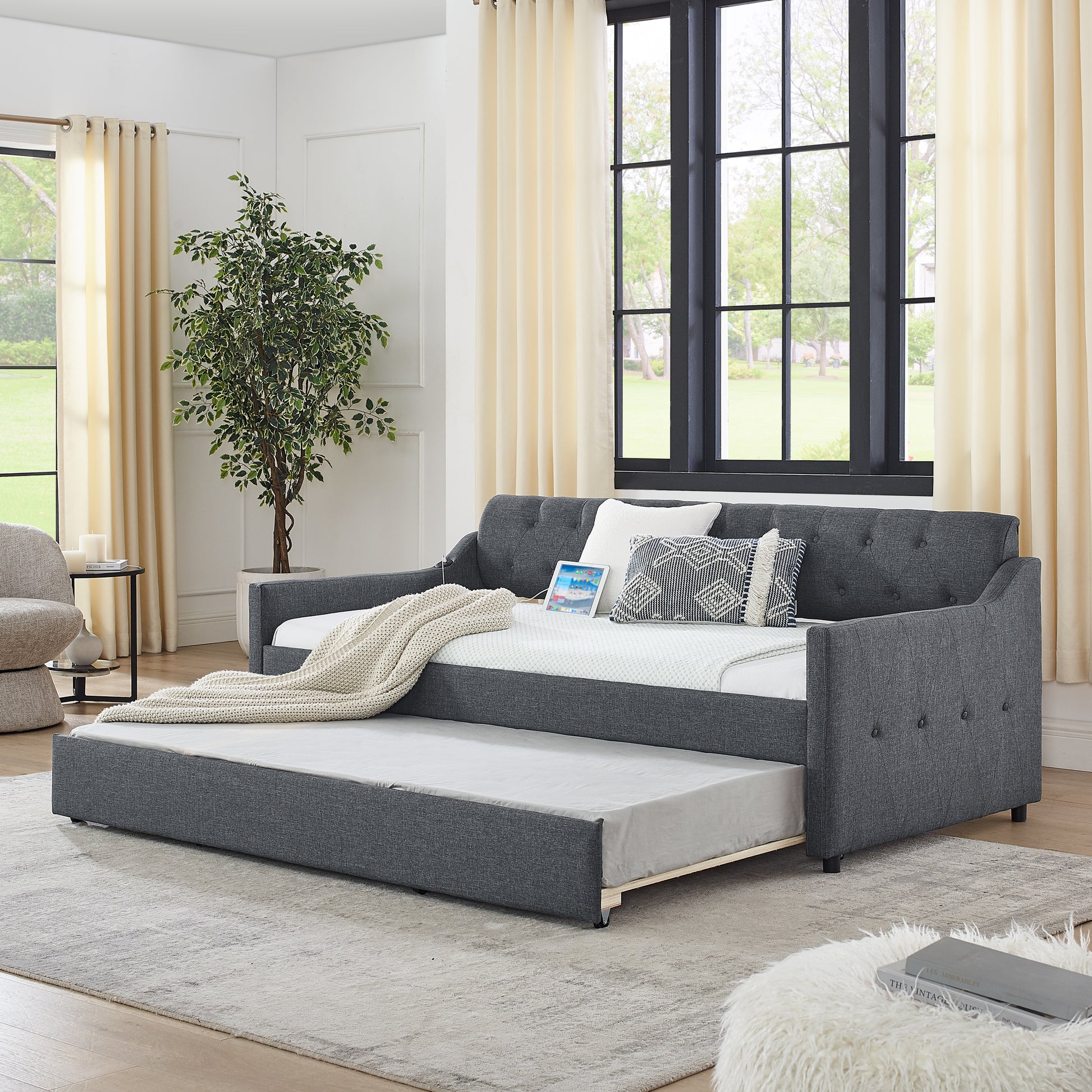 Twin Size Upholstery Daybed With Twin Size Erectable Trundle And Usb Charging Design, Linen Dark Gray Twin Dark Gray Linen