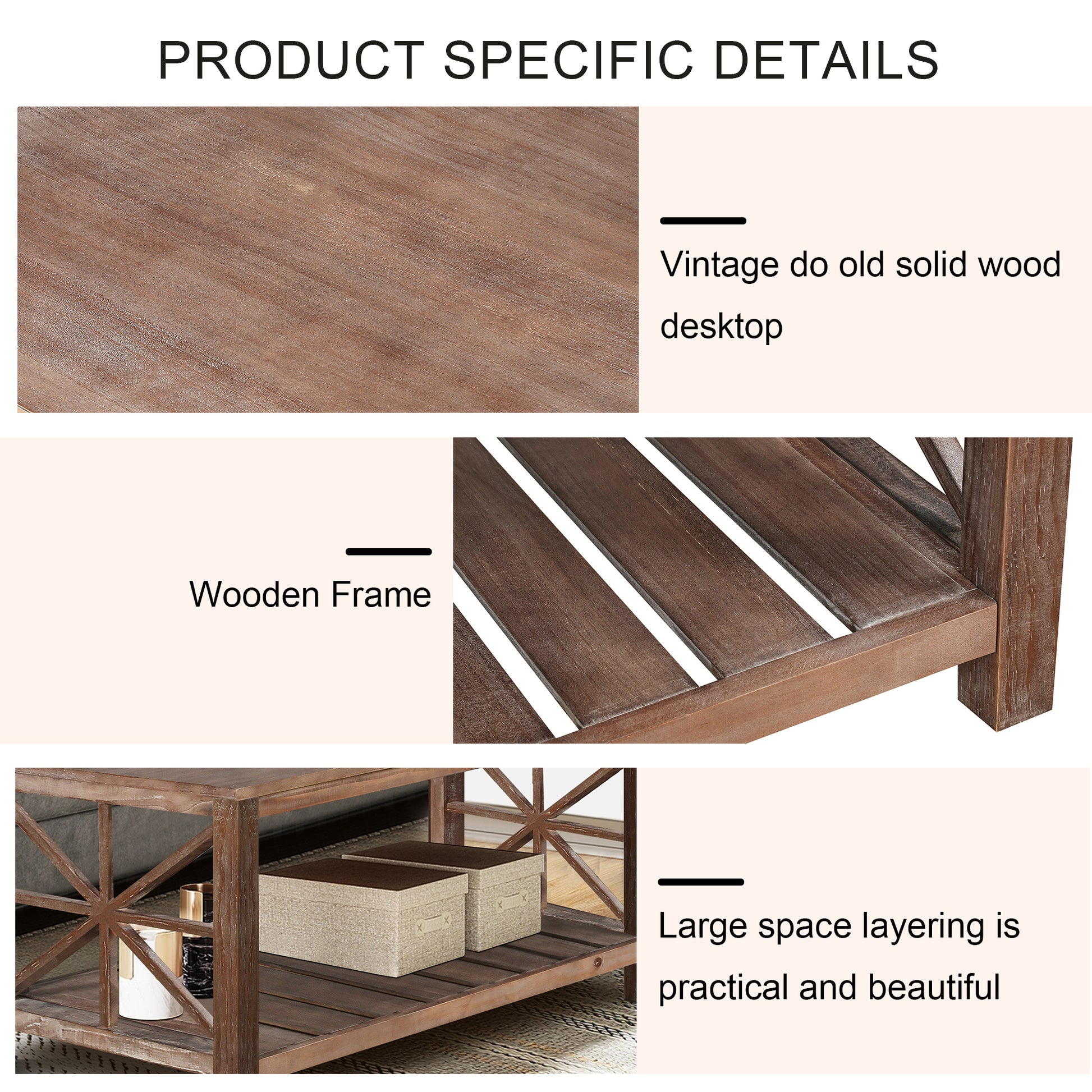 52''W Handcrafted Coffee Table In Front Of The Sofa Or Loveseat For Living Room Brwon Antique Brown Light Brown Desk Top Primary Living Space Antique Floor Mount Rectangular Open Storage Coffee & End Tables Lacquered Solid Wood Mdf Mdf