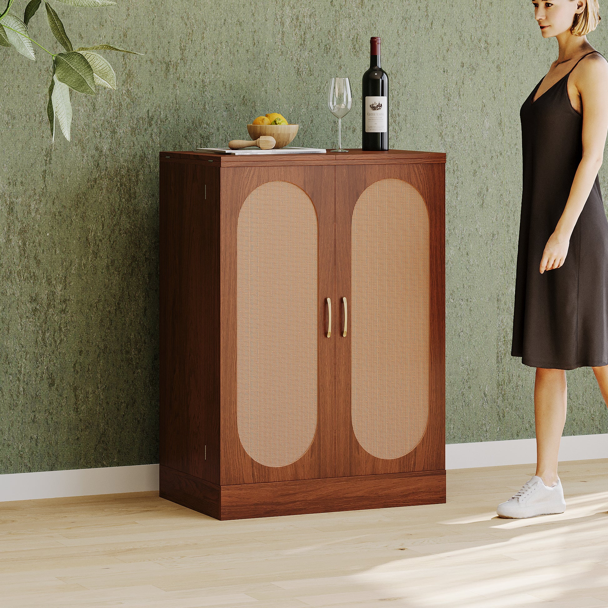 41.9" Home Bar Cabinet, Industrial Walnut Rattan Door Fold Out Bar Cabinet With Storage Bar Table Walnut Dining Room Modern Mdf
