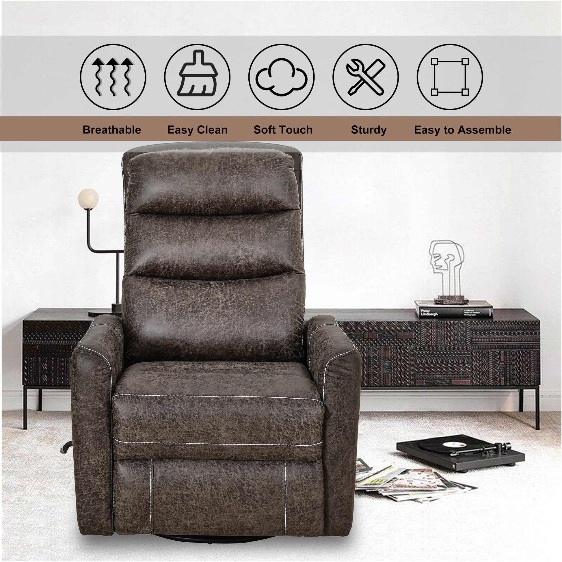 Swivel Glider Rocker Recliner Chair For Nursery,Manual Swivel Rocking Recliner,Mordern Home Theater Seating Soft Reclining Chairs For Living Room,Brown Antique Brown Primary Living Space Memory Foam Wipe Clean American Traditional Handle Memory Foam