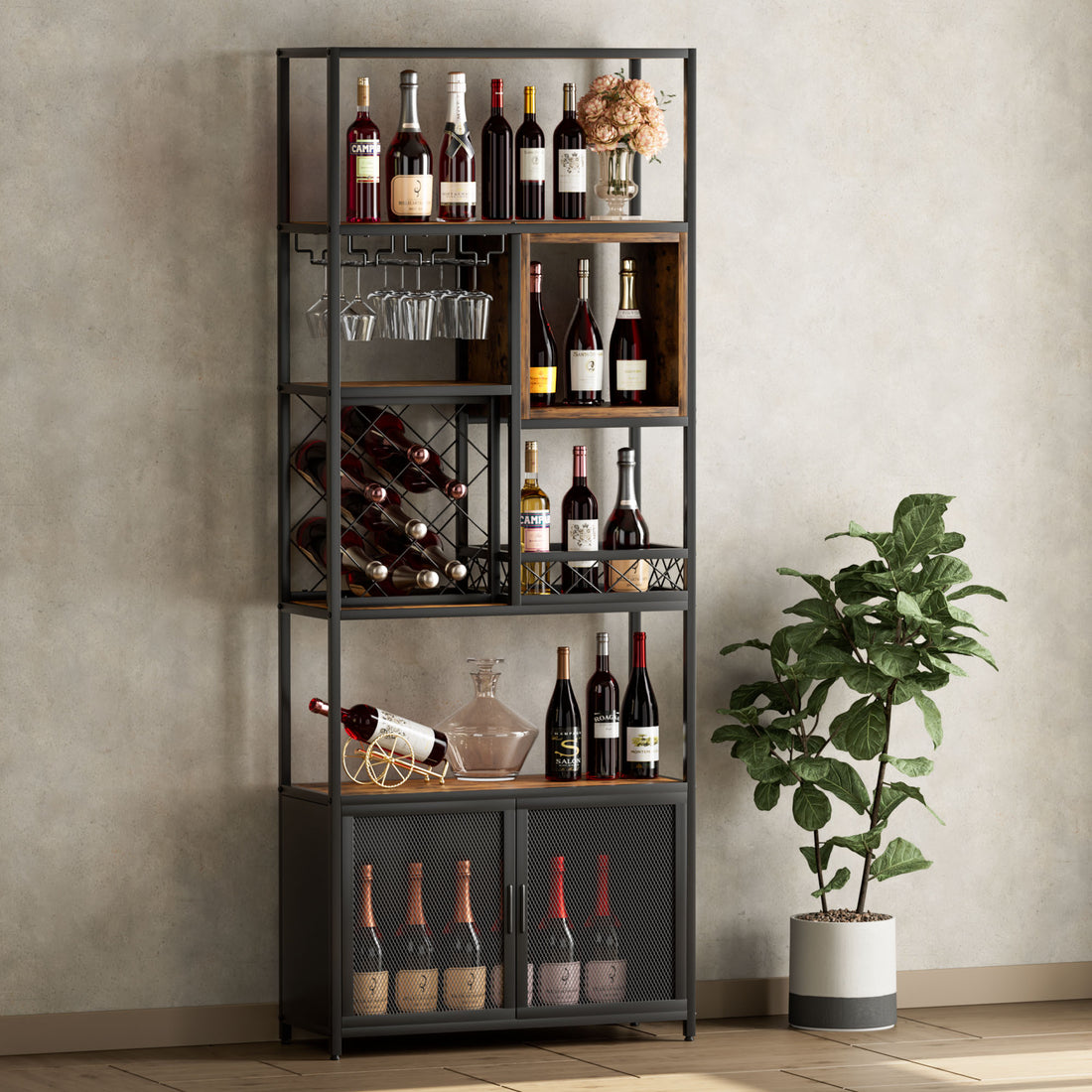 82.7" Industrial Tall Black Bar Wine Rack Cabinet With Glass Holder Wood Home Bar Cabinet Walnut Black Dining Room Industrial Mdf Metal