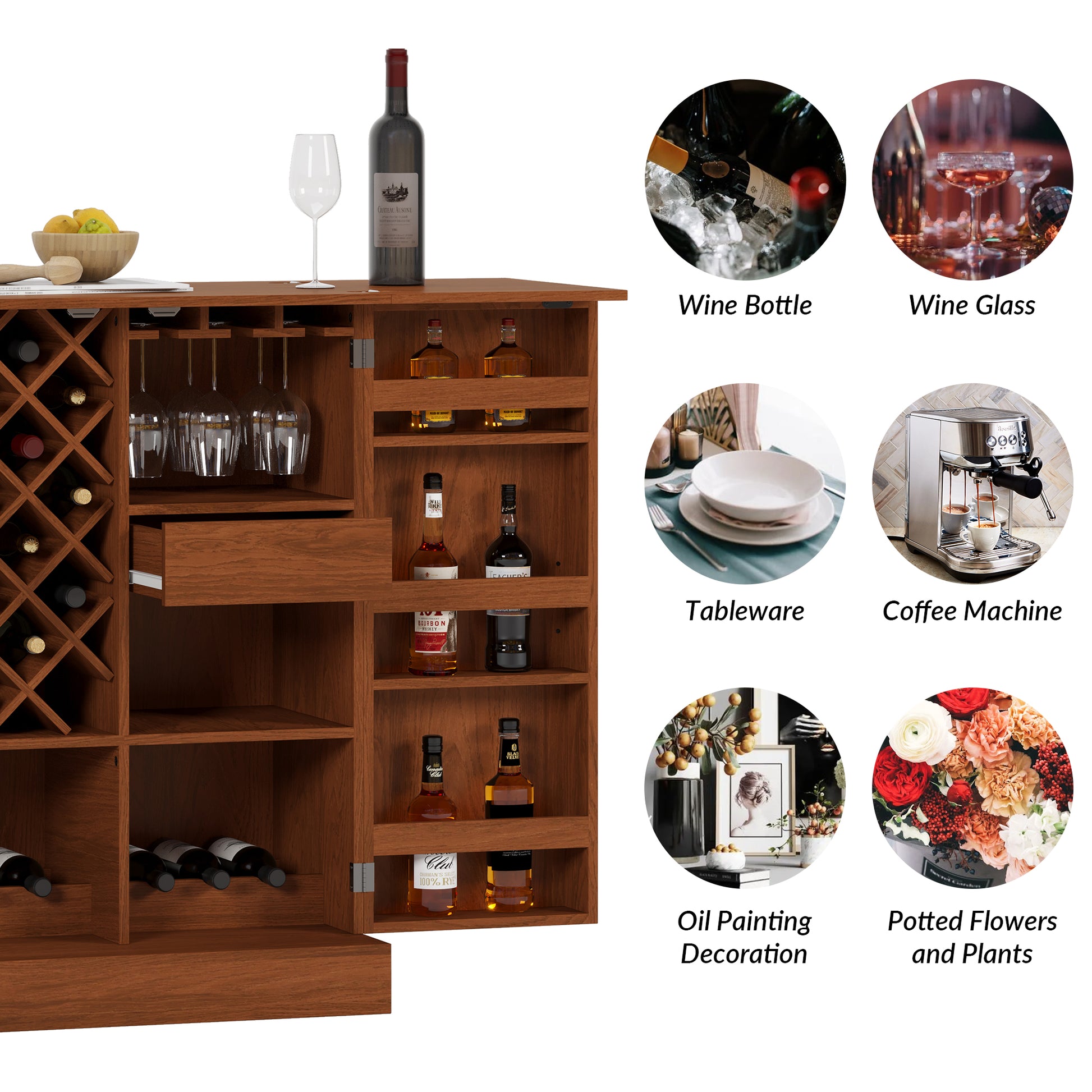 41.9" Home Bar Cabinet, Industrial Walnut Rattan Door Fold Out Bar Cabinet With Storage Bar Table Walnut Dining Room Modern Mdf