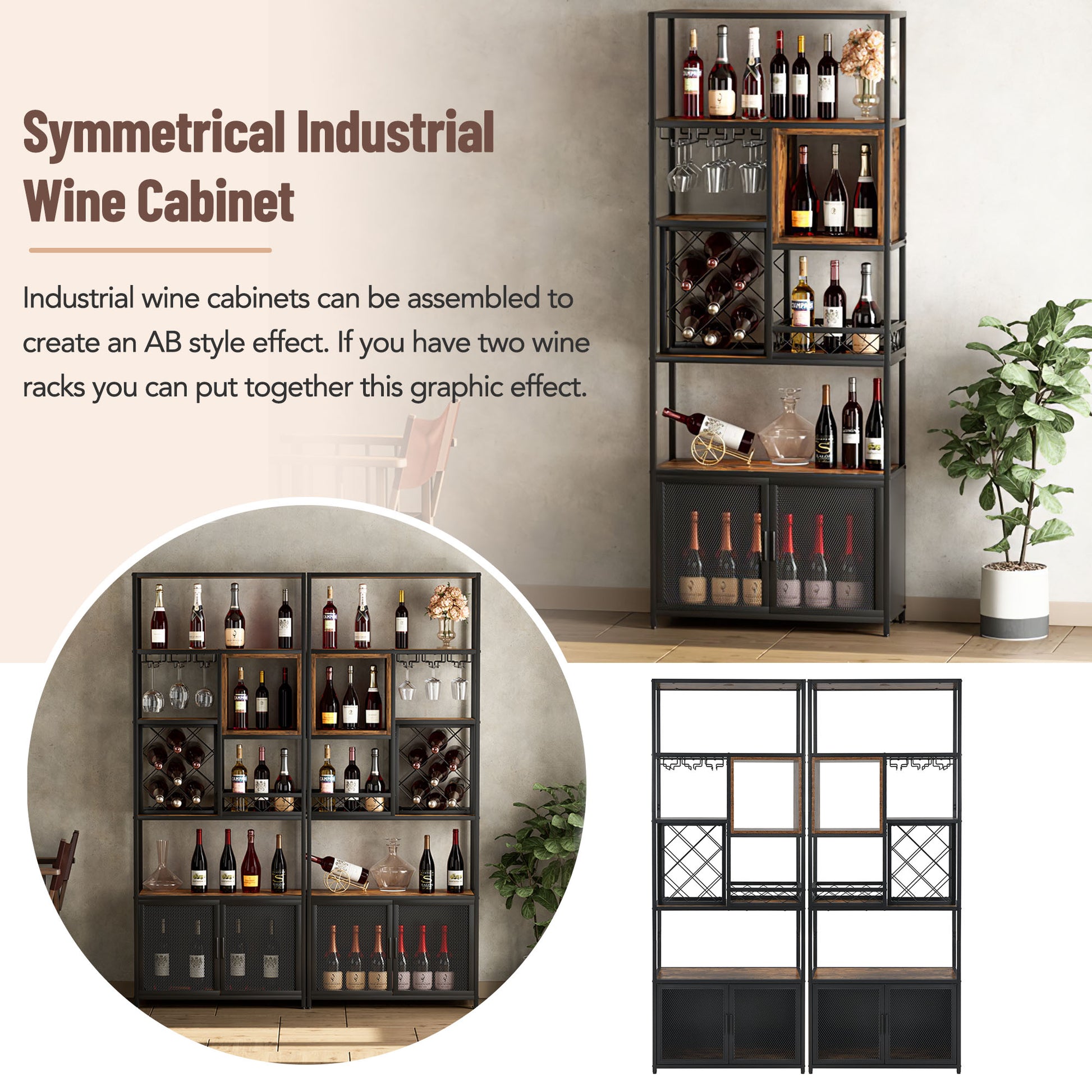 82.7" Industrial Tall Black Bar Wine Rack Cabinet With Glass Holder Wood Home Bar Cabinet Walnut Black Dining Room Industrial Mdf Metal