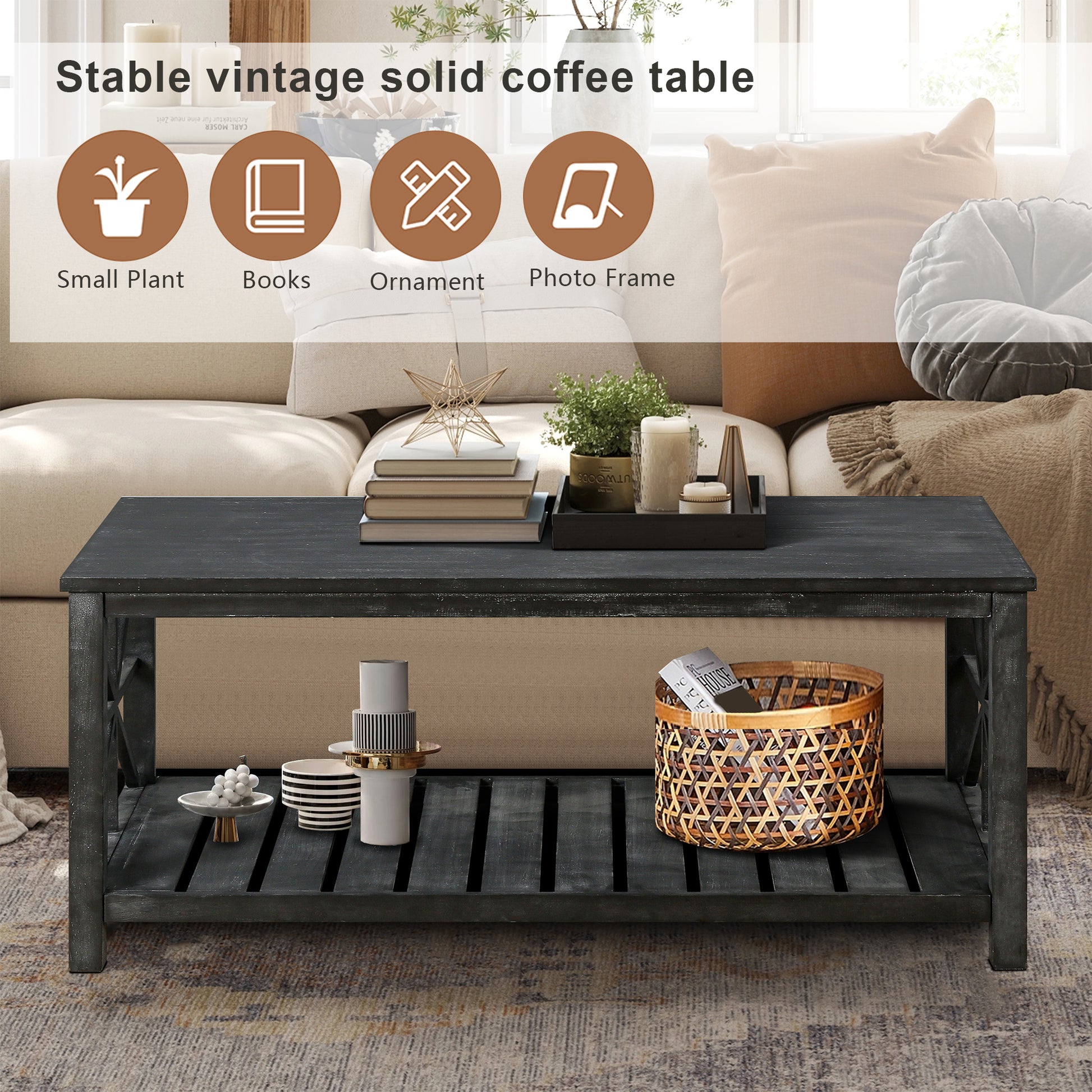 52''W Handcrafted Coffee Table In Front Of The Sofa Or Loveseat For Living Room Antique Black Color Antique Black Ergonomic Primary Living Space American Design Floor Mount Open Storage Coffee & End Tables Rectangular Solid Wood Mdf Mdf