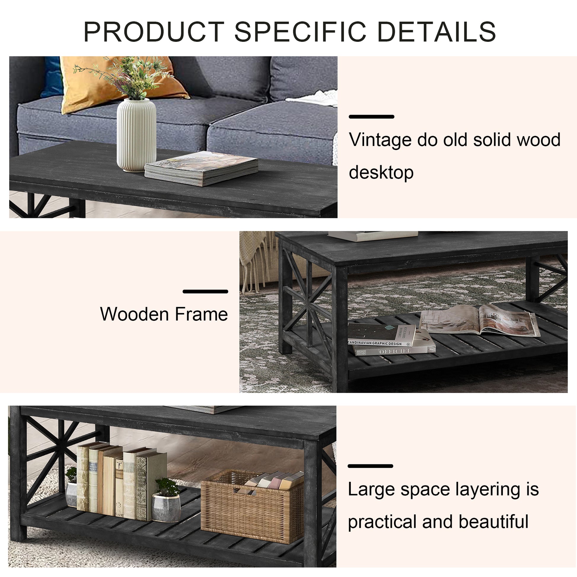 52''W Handcrafted Coffee Table In Front Of The Sofa Or Loveseat For Living Room Antique Black Color Antique Black Ergonomic Primary Living Space American Design Floor Mount Open Storage Coffee & End Tables Rectangular Solid Wood Mdf Mdf