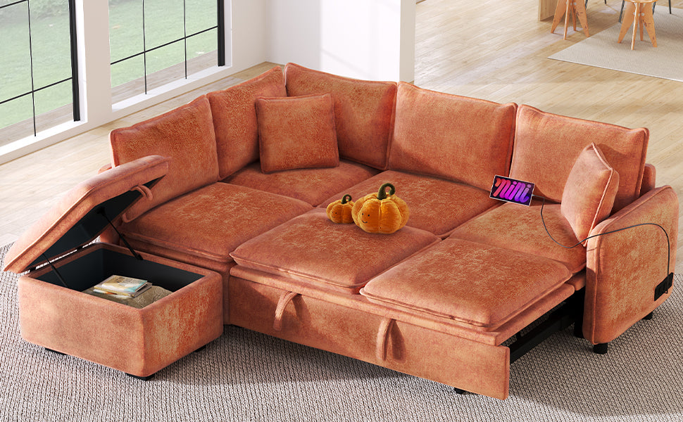 82.67"Convertible Sofa Bed Sectional Sofa Sleeper L Shaped Sofa With A Storage Ottoman,Two Pillows, Two Power Sockets And Two Usb Ports For Living Room, Orange Orange Foam Chenille 4 Seat