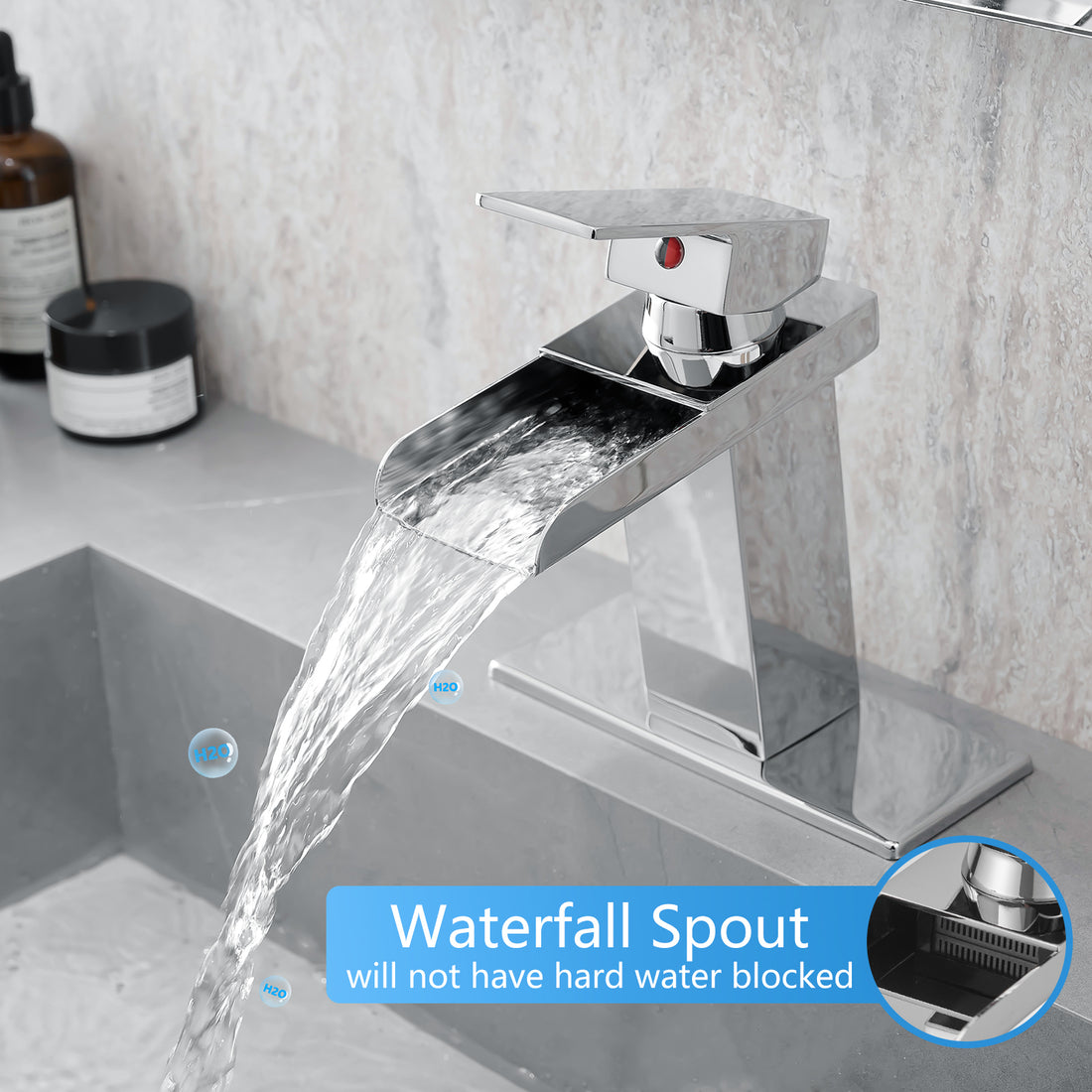 Sink Faucet With Deck Plate Waterfall Chrome Bathroom Faucets For Sink 1 Hole Or 3 Holes One Handle Faucets Bathroom Joystick Geometric One Chrome Side Sprayer Deck Mounted Cartridge Valve Single Hole Faucets Chrome Contemporary 1 Hole Faucets Ceramic