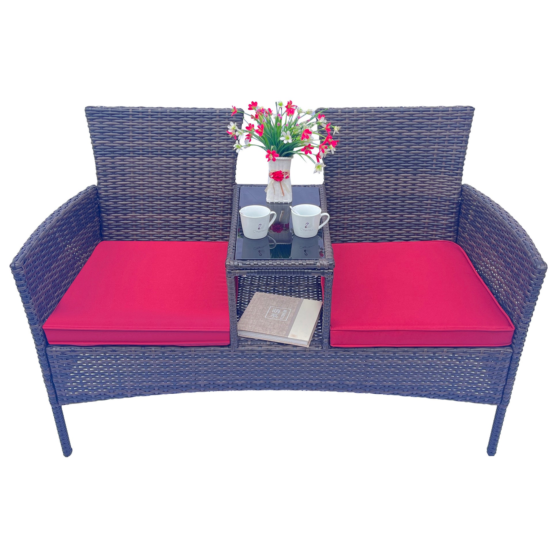 Wicker Patio Conversation Furniture Set, Outdoor Furniture Set With Removable Cushions & Table, Tempered Glass Top, Modern Rattan Bench For Garden Lawn Backyard Yes Complete Patio Set Red Brown Weather Resistant Frame Water Resistant Cushion Garden &
