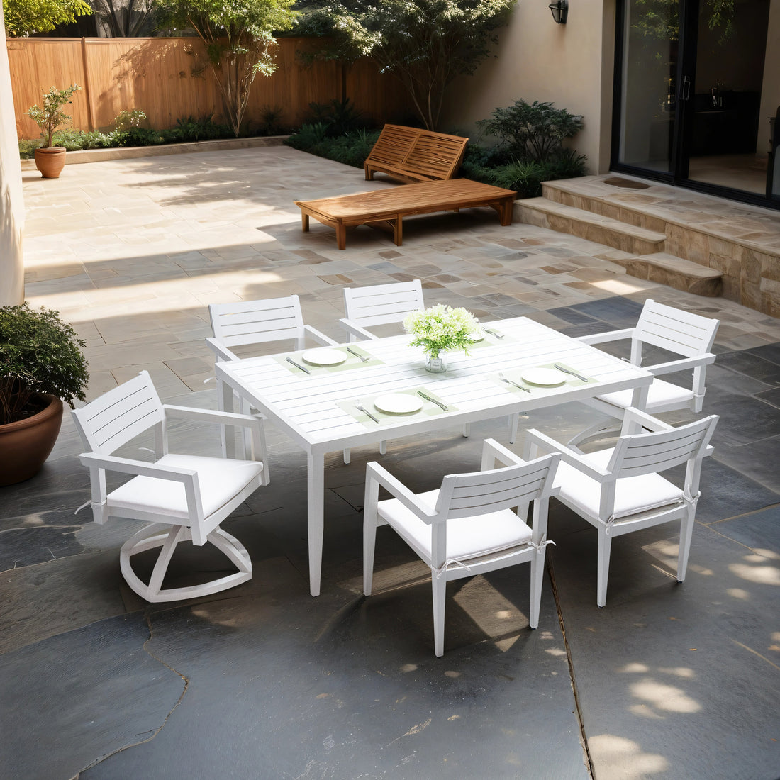 7Pc Patio Aluminum Furniture, Modern Dining Set Including 4 Dining Chairs & 2 Swivel Rockers Sunbrella Fabric Cushioned And Two Tone Table Top Rectangle Table With Umbrella Hole, Matte White Grayish Yes Matte White Grayish Seats 6 Rust Resistant Frame