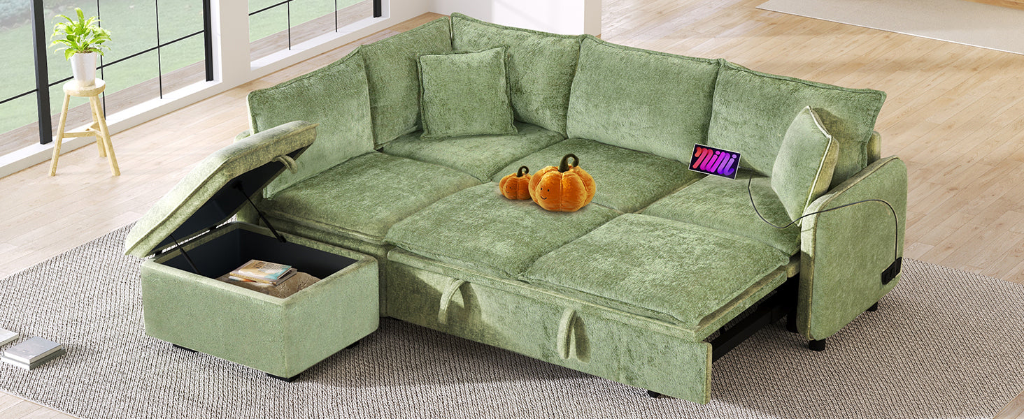 82.67"Convertible Sofa Bed Sectional Sofa Sleeper L Shaped Sofa With A Storage Ottoman,Two Pillows, Two Power Sockets And Two Usb Ports For Living Room, Green Green Foam Chenille 4 Seat