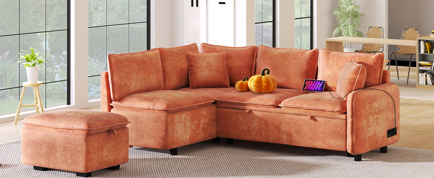 82.67"Convertible Sofa Bed Sectional Sofa Sleeper L Shaped Sofa With A Storage Ottoman,Two Pillows, Two Power Sockets And Two Usb Ports For Living Room, Orange Orange Foam Chenille 4 Seat