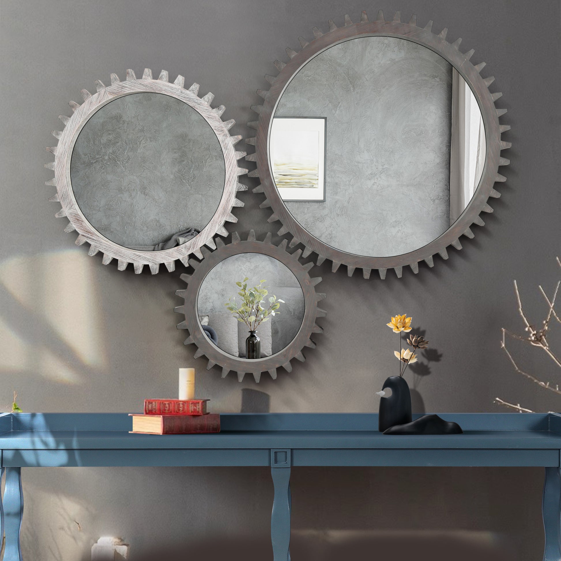 Vintage 26'' X 26'' Wall Wood Round Hanging Gear Shape Heavy Decorative Mirror For Bathroom Living Room Entryway Or Put Together To Your Liking Antique Dark Brown Dark Brown Antique Glass Mirror