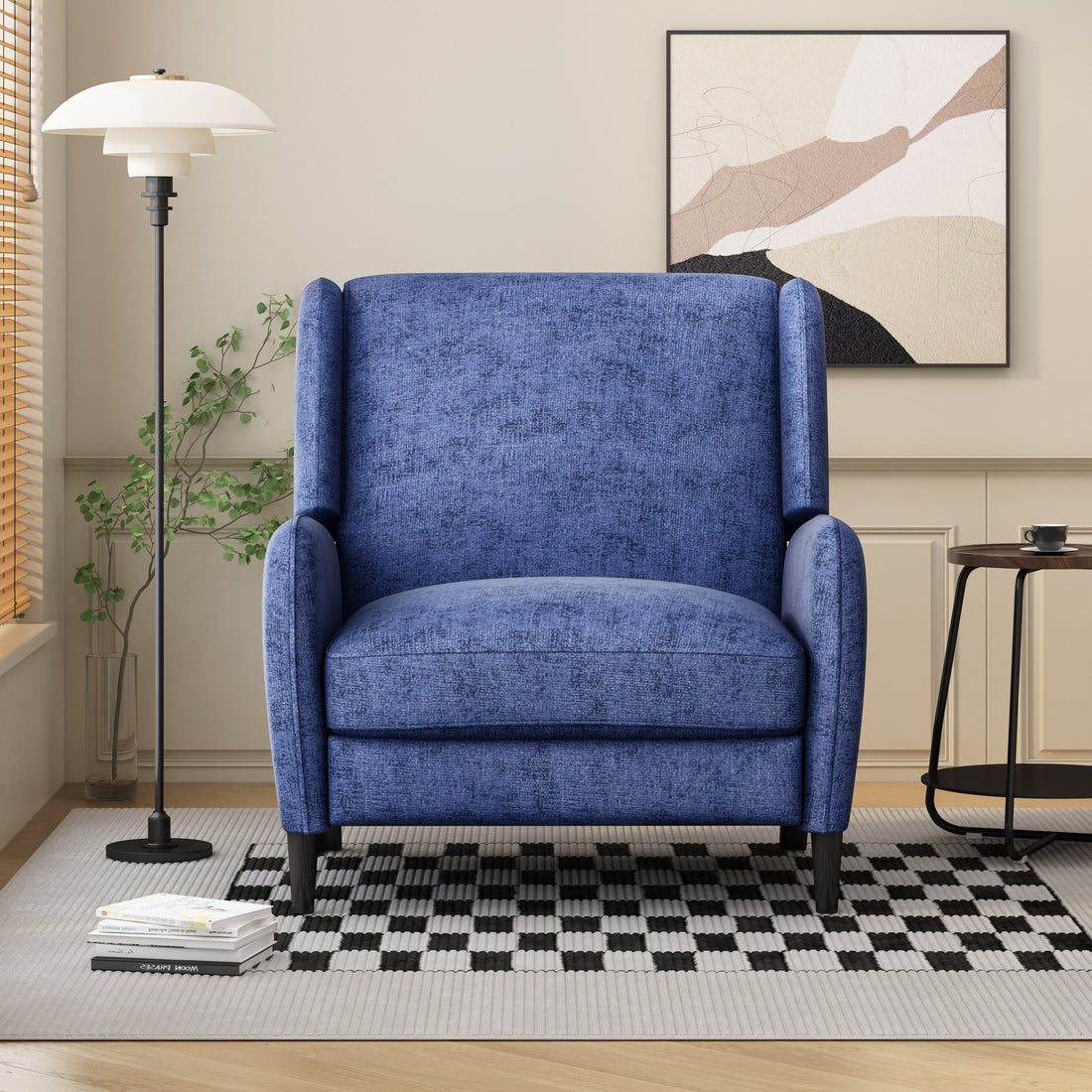 Oversized Textured Fabric Pushback Recliner, Navy Blue And Dark Brown Navy Blue Fabric