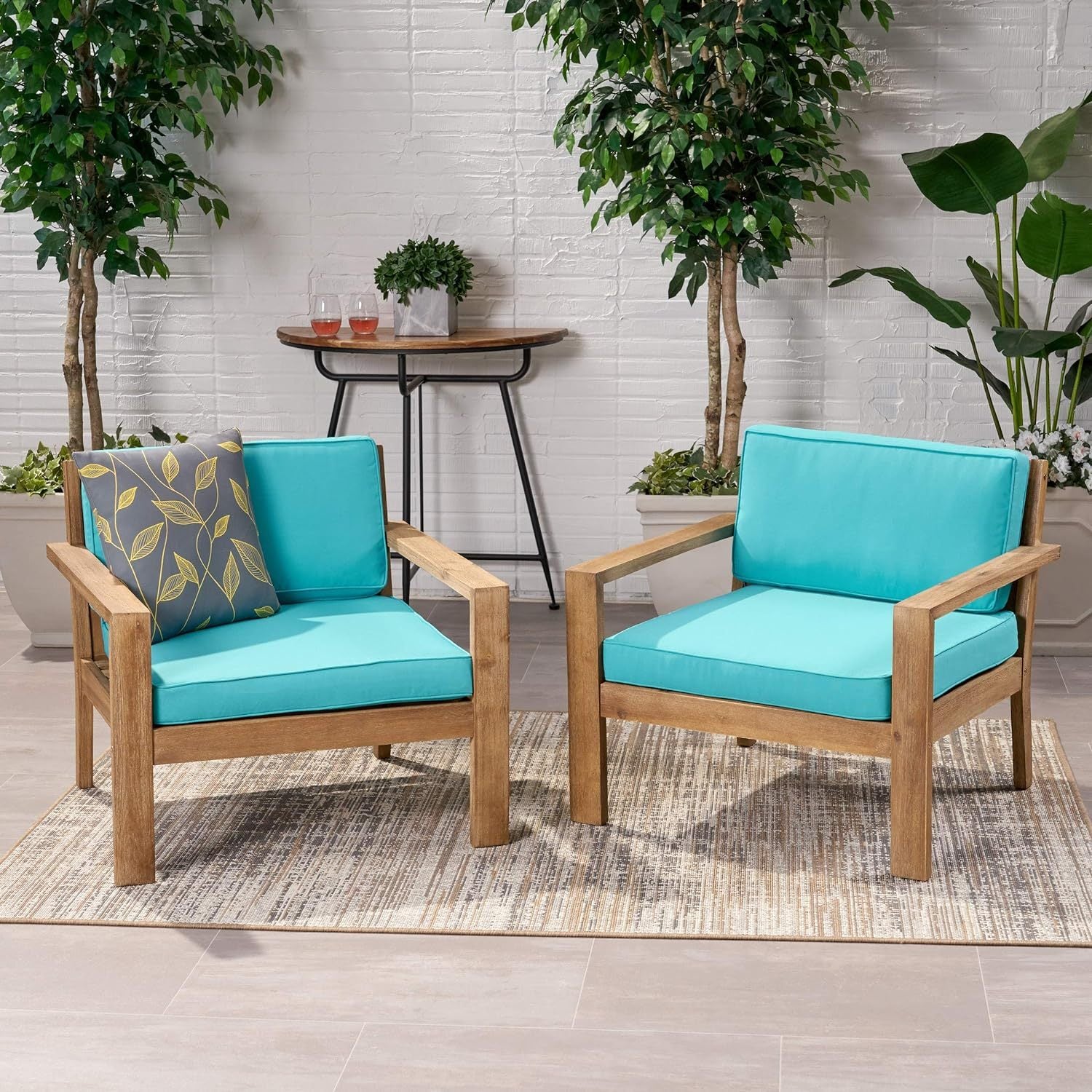 Outdoor Acacia Wood Club Chairs With Cushions Set Of 2 Brown Teal Wood