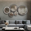 Vintage 34'' X 34'' Wood Round Hanging Gear Shape Heavy Decorative Mirror For Bathroom Living Room Entryway Or Put Together To Your Liking Antique Dark Brown Dark Brown Glass Mirror